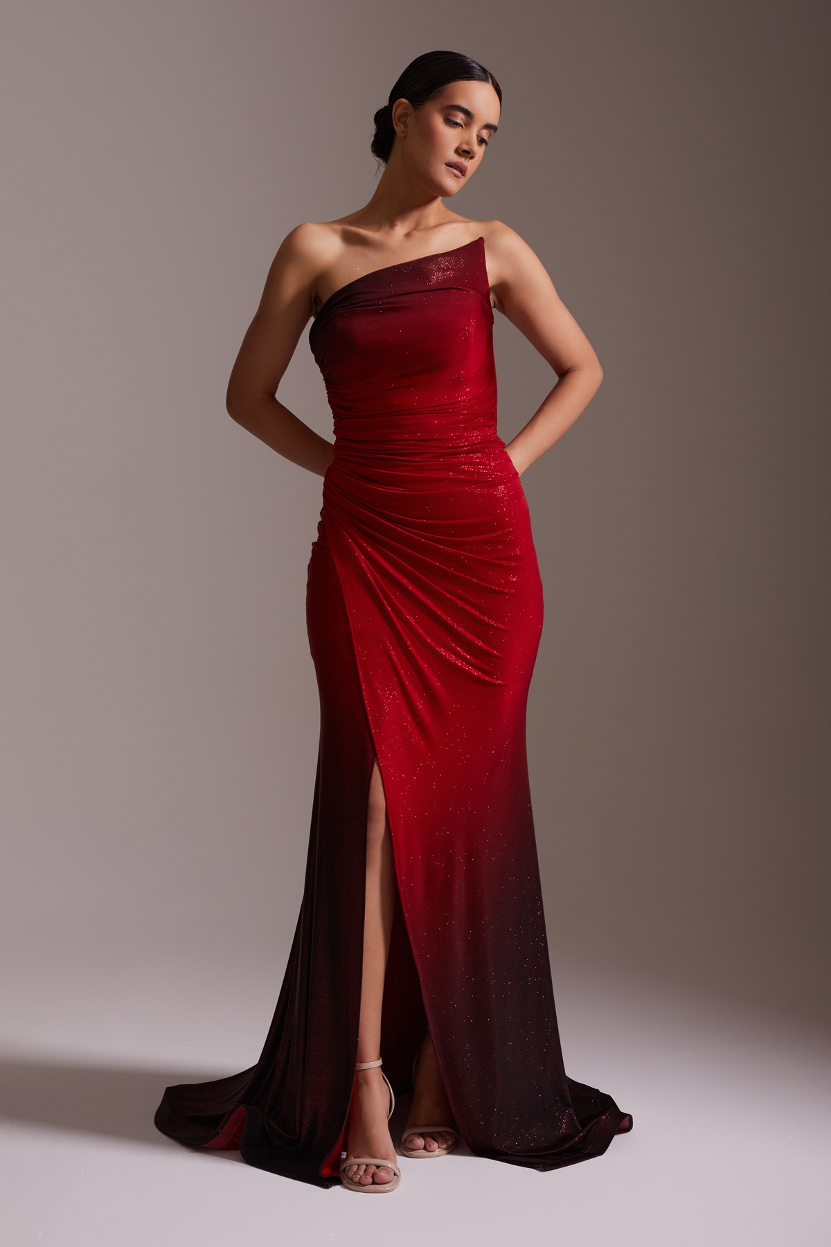 One Shoulder Slit Sparkly Evening Dress Red