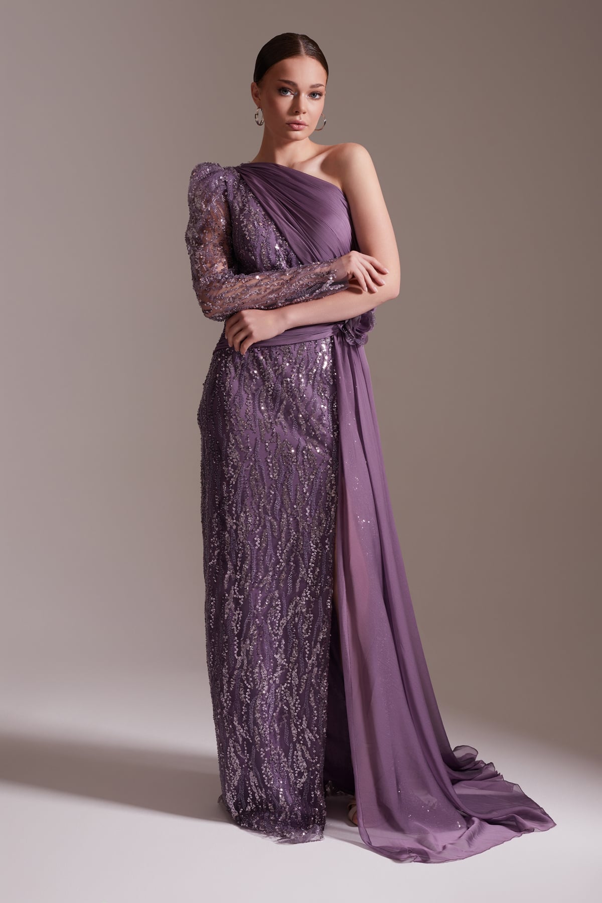 One Shoulder Sequined Chiffon Belted Flower Detailed Long Evening Dress Purple