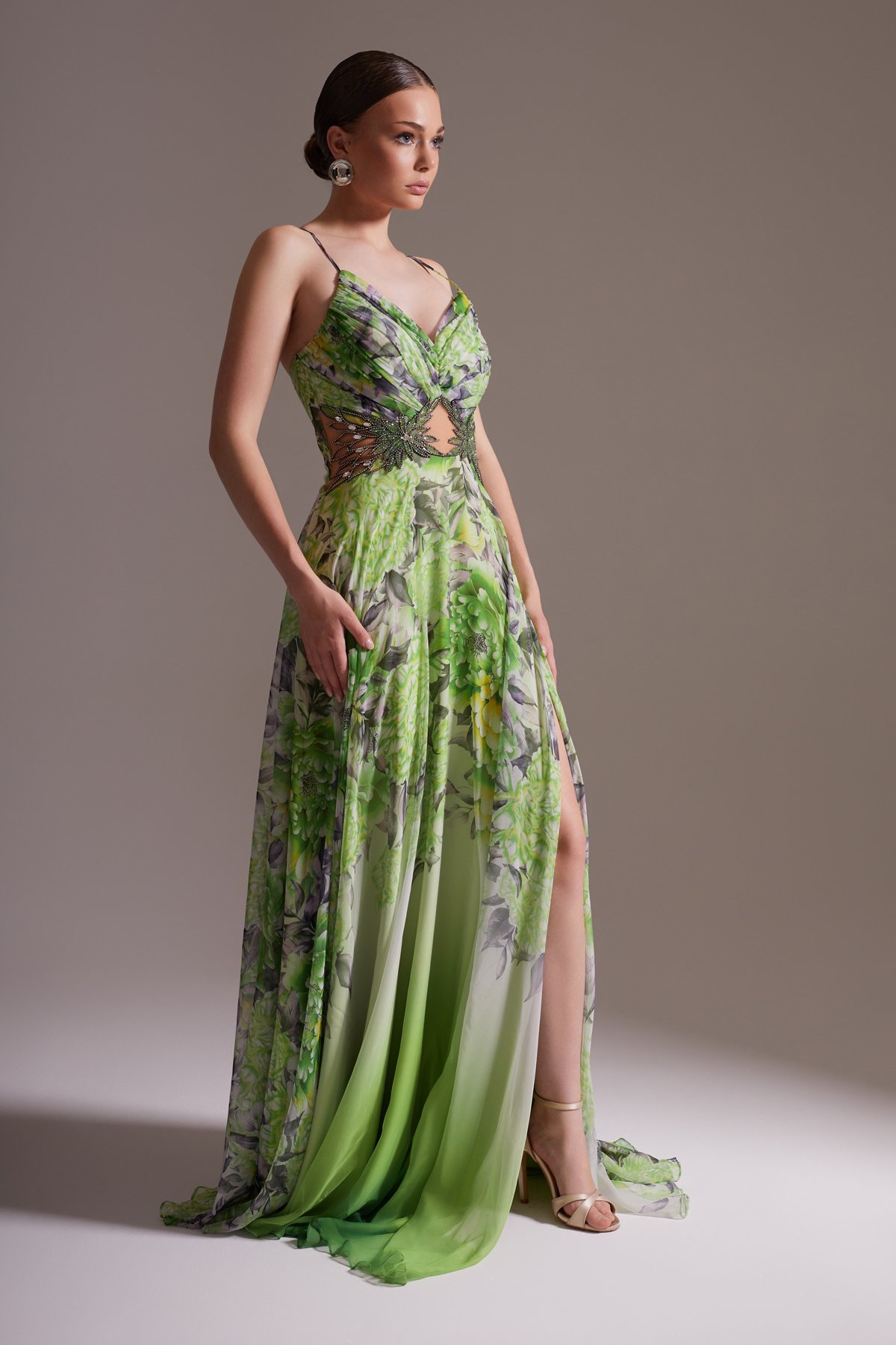 Floral Patterned Slit V-Neck Thin Strap Stone Detailed Chiffon Evening Dress Green