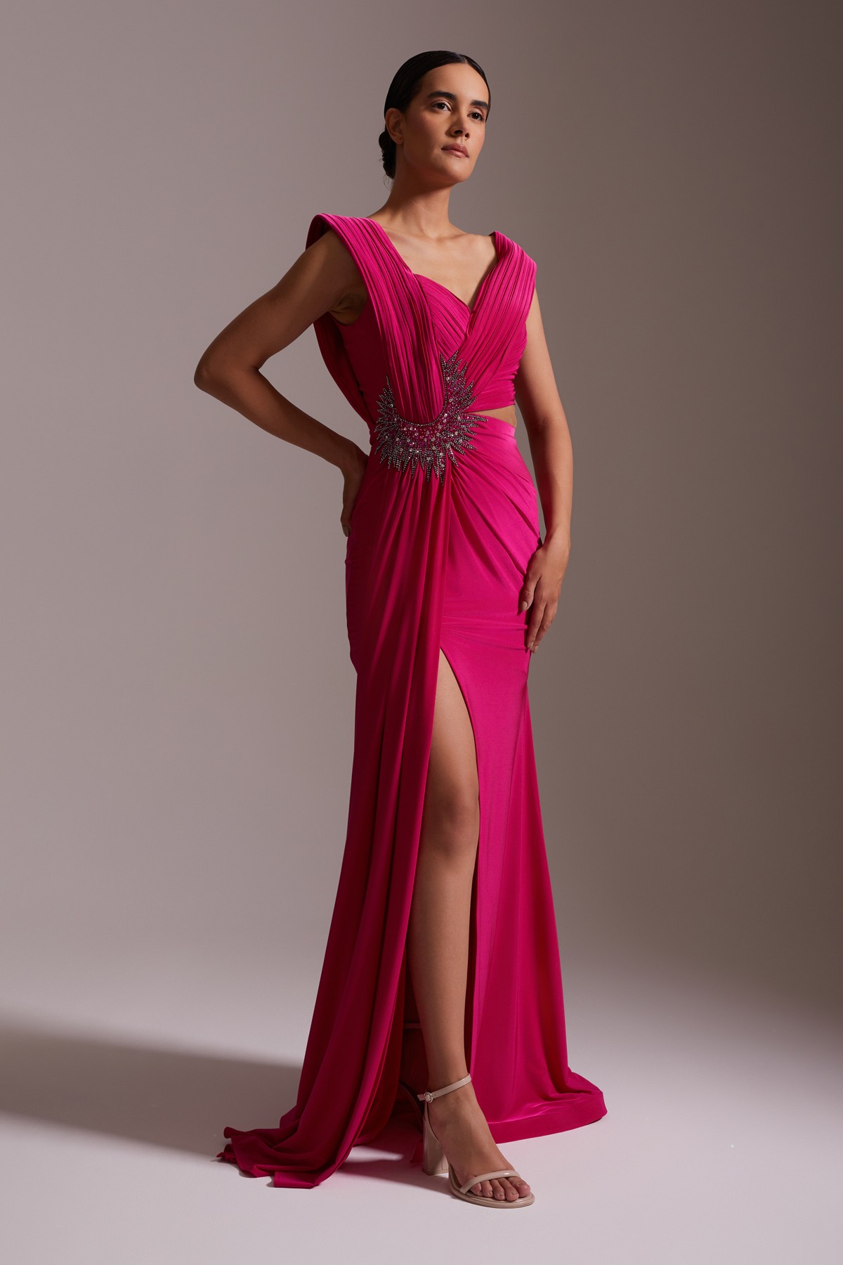 Slit One Shoulder Detailed Stone Embroidered Evening Dress Fuchsia
