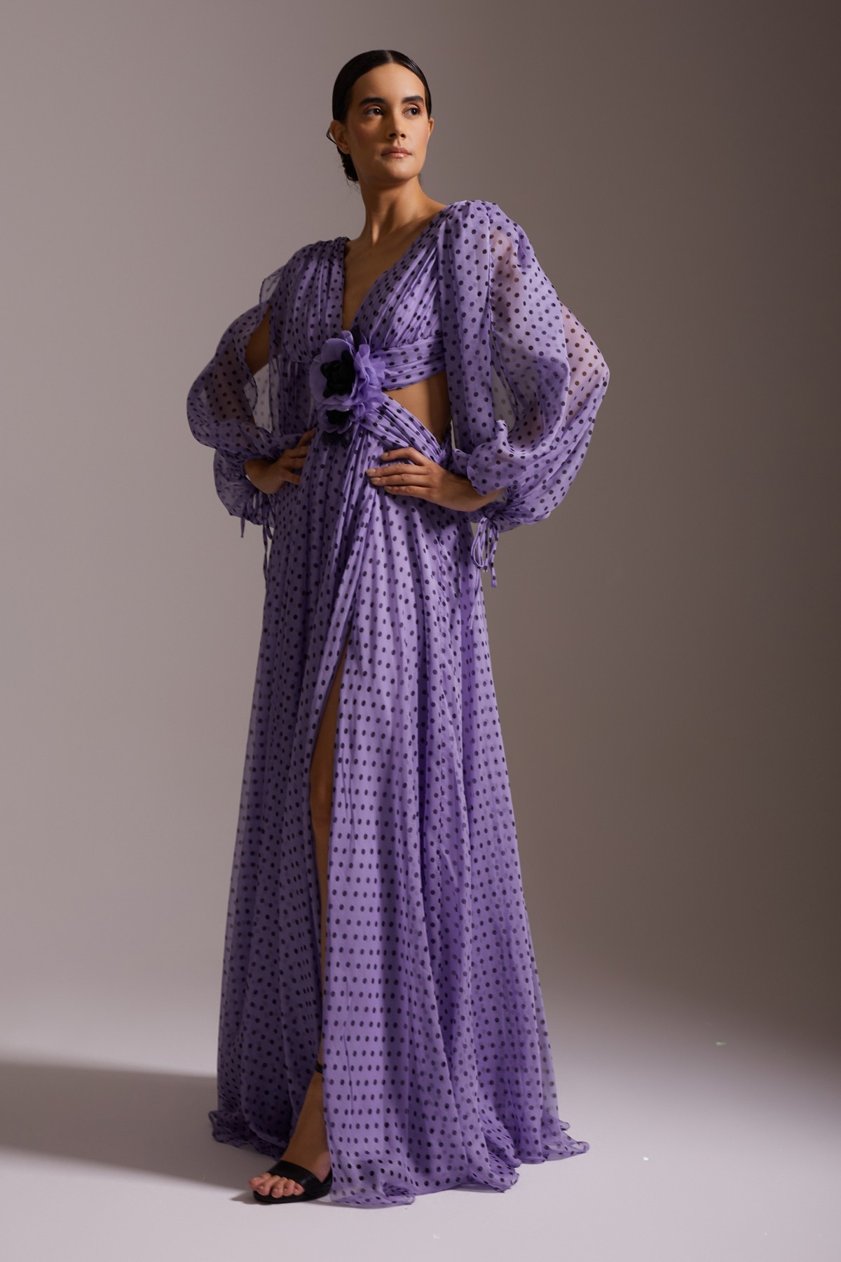 Polka Dot Deep Slit Long Sleeve Floral Detailed V Neck Chiffon Long Evening Dress Purple