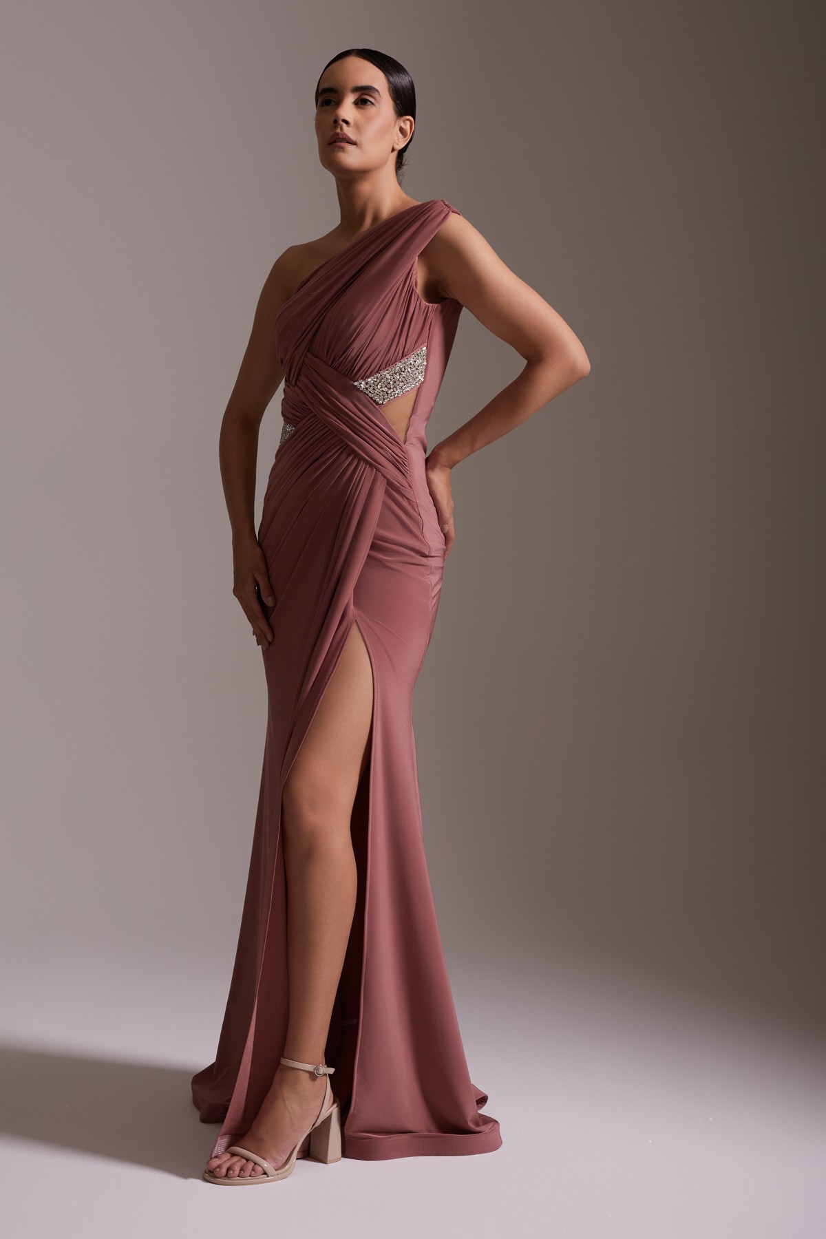 One-Shoulder Pleated Satin Evening Dress with Slit and Stone Detail in Wine Color