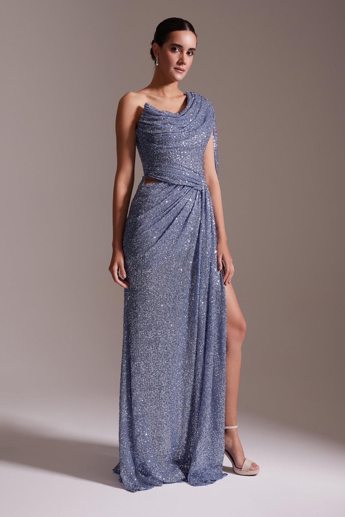 One Shoulder Draped Slit Glittery Evening Dress Lilac