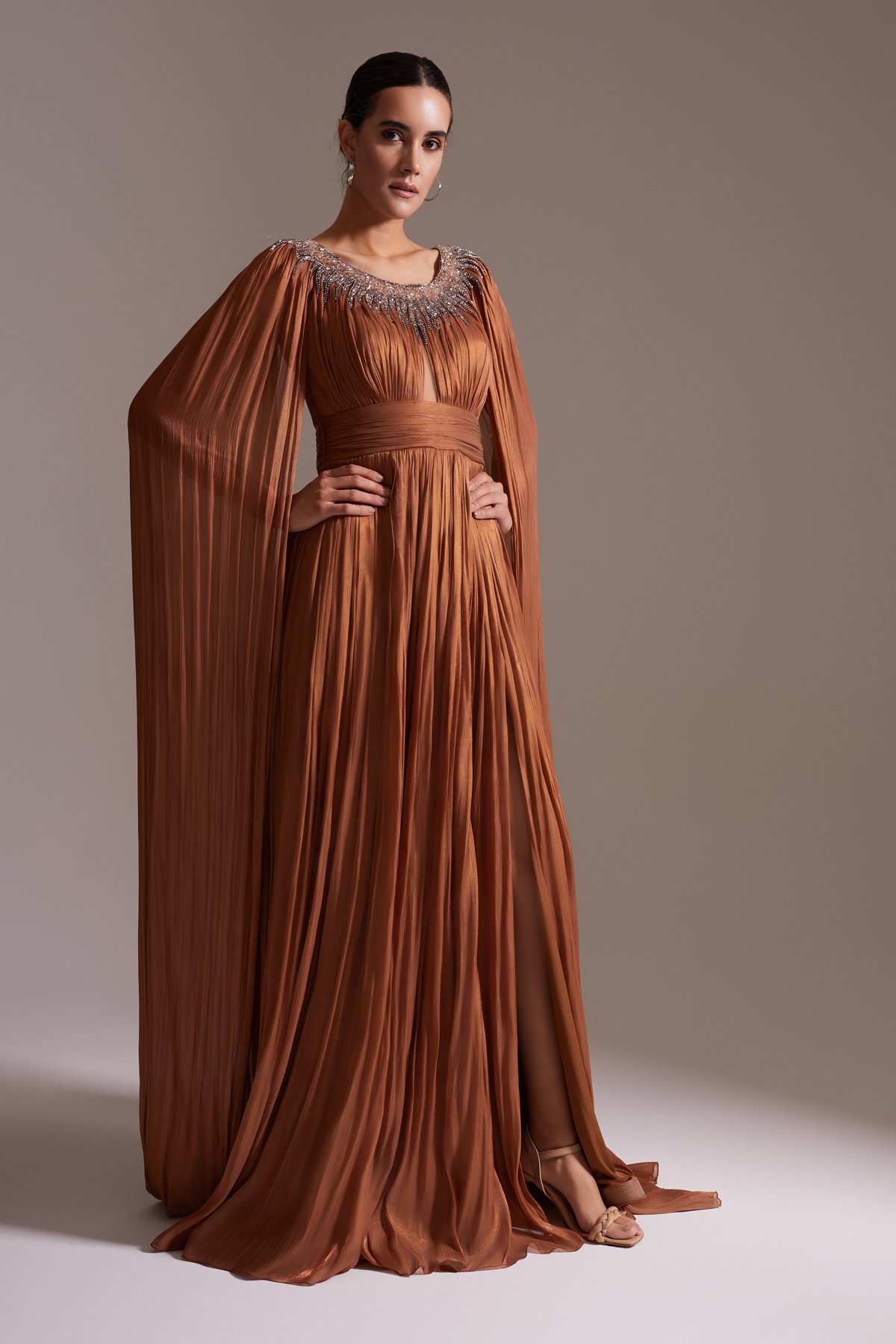 Stone Embroidered Cape Sleeve Slit Chiffon Evening Dress Copper Color