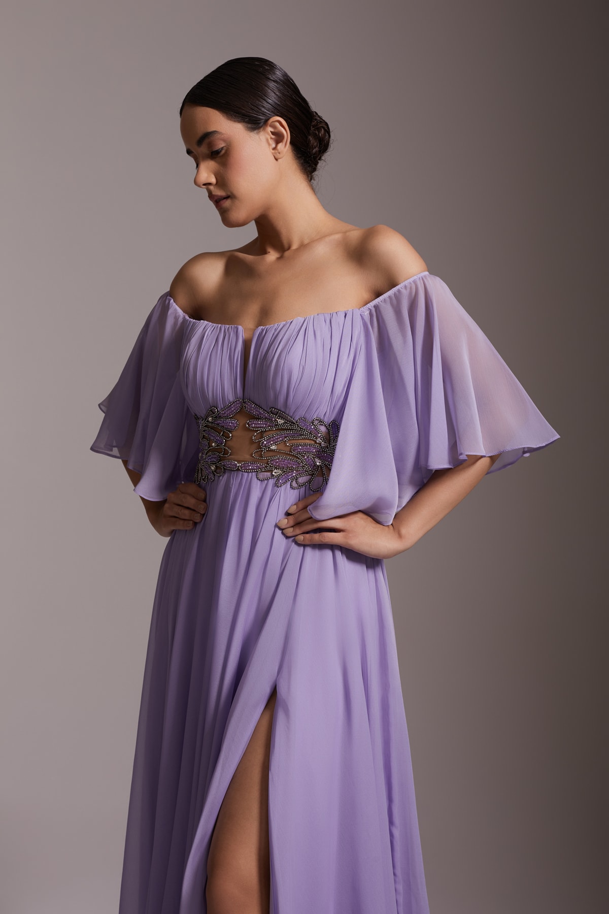 Off Shoulder Stone Embroidered Waist Detailed Slit Long Chiffon Evening Dress Lilac