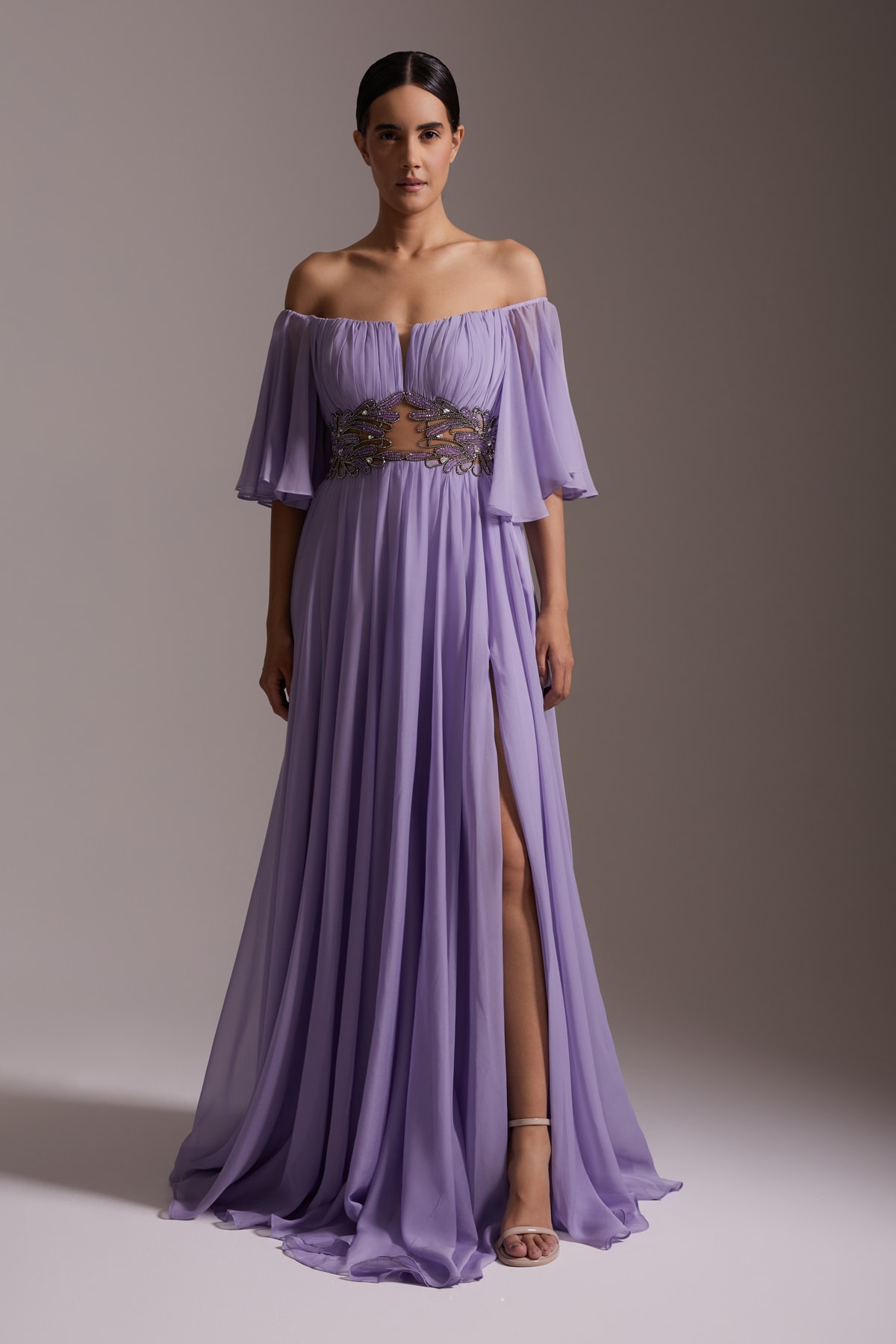 Off Shoulder Stone Embroidered Waist Detailed Slit Long Chiffon Evening Dress Lilac