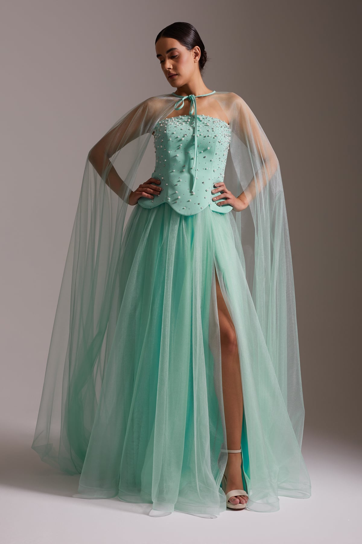 Stone Embroidered Tulle Skirt and Cape Detailed Slit Evening Dress, Sea Green