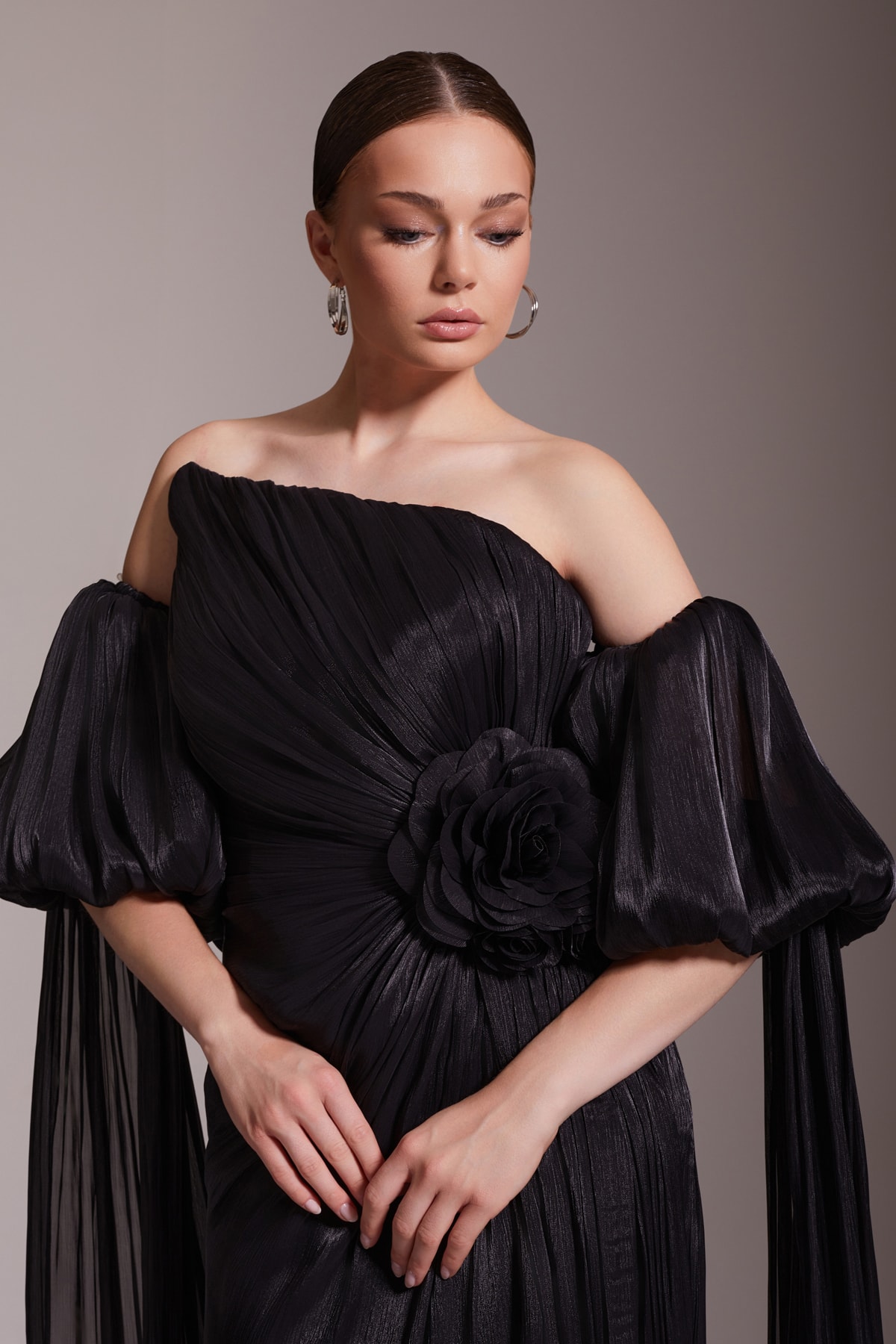One Shoulder Satin Draped Flower Detailed Balloon Sleeve Slit Evening Dress Black