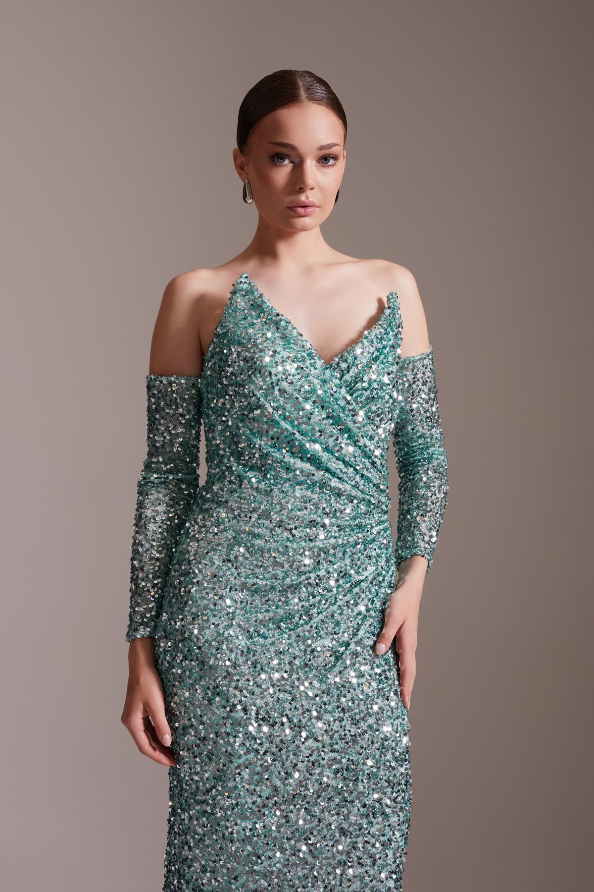 Sequined Off-the-Shoulder Long Evening Dress in Aqua Green