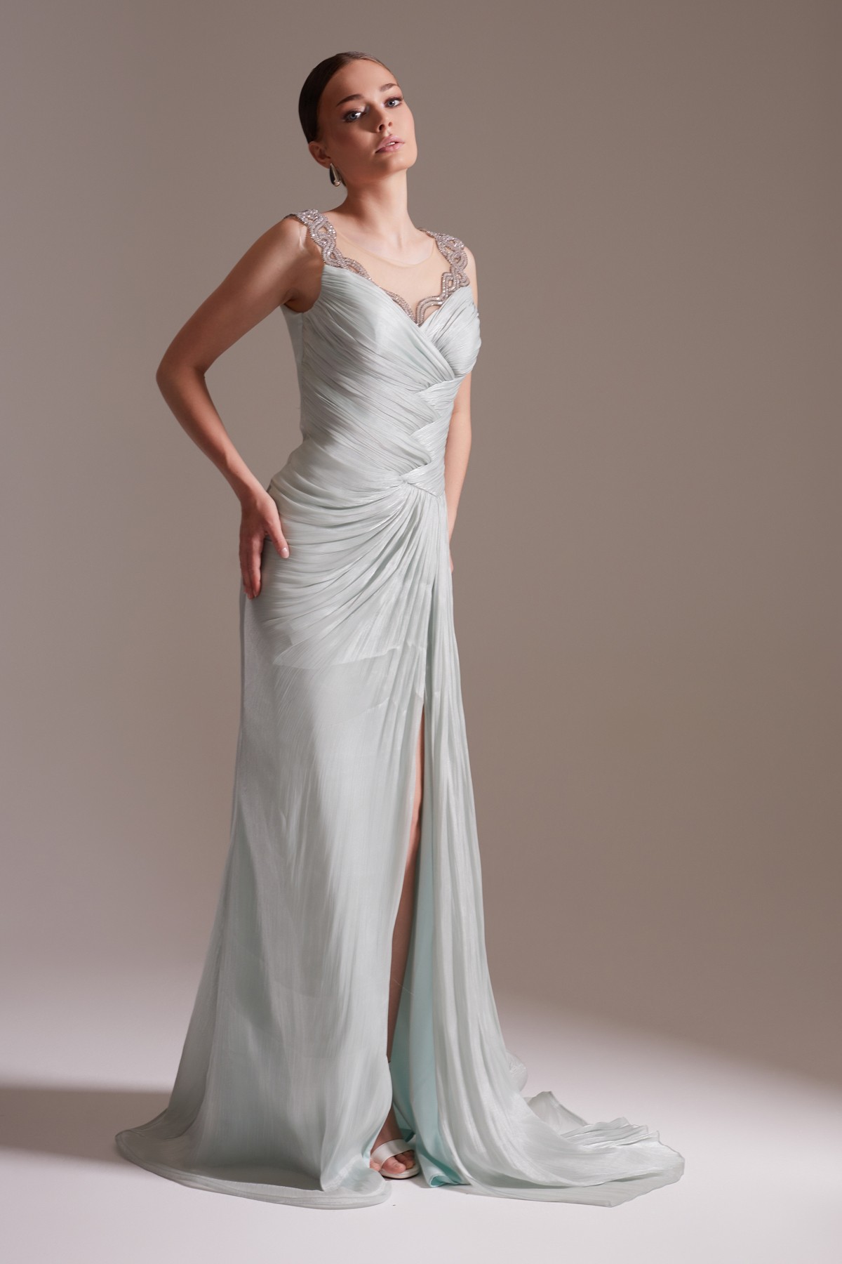 Sparkly Stone Embroidered Straped Slit Evening Dress in Aqua Green
