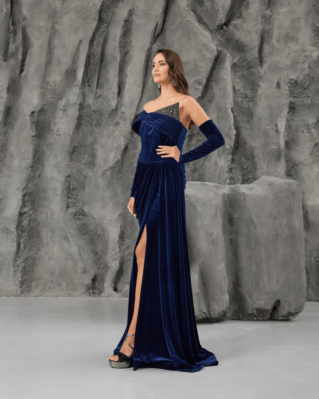 Navy Velvet One Shoulder Gown