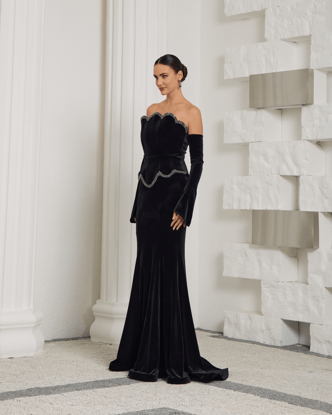 Black Velvet Strapless Evening Dress