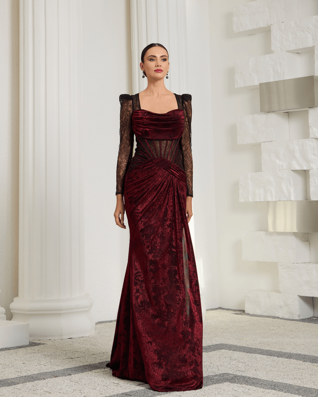 Burgundy Velvet & Lace Long Sleeve Gown