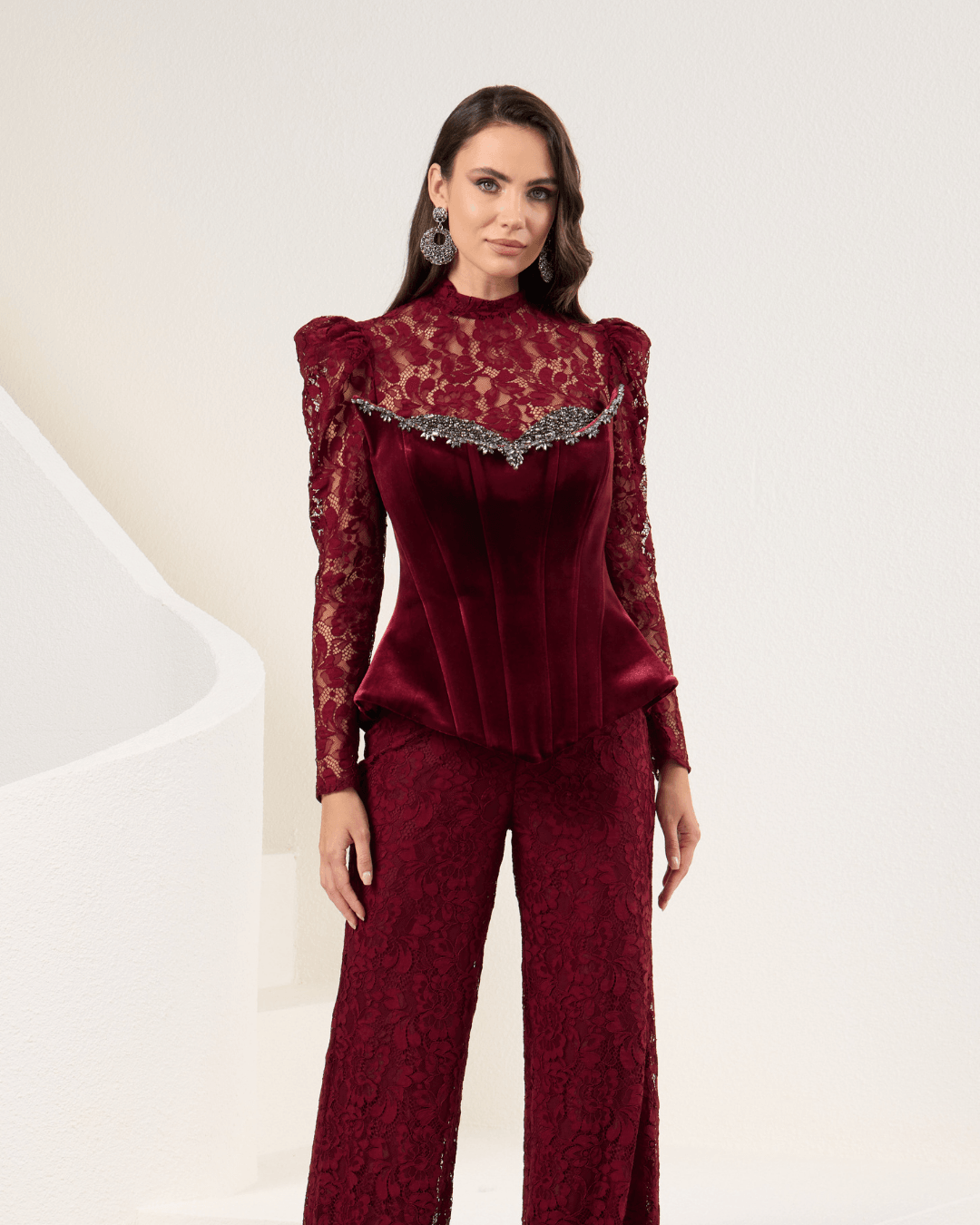 Burgundy Velvet Strapless Jumpsuit With Lace Details