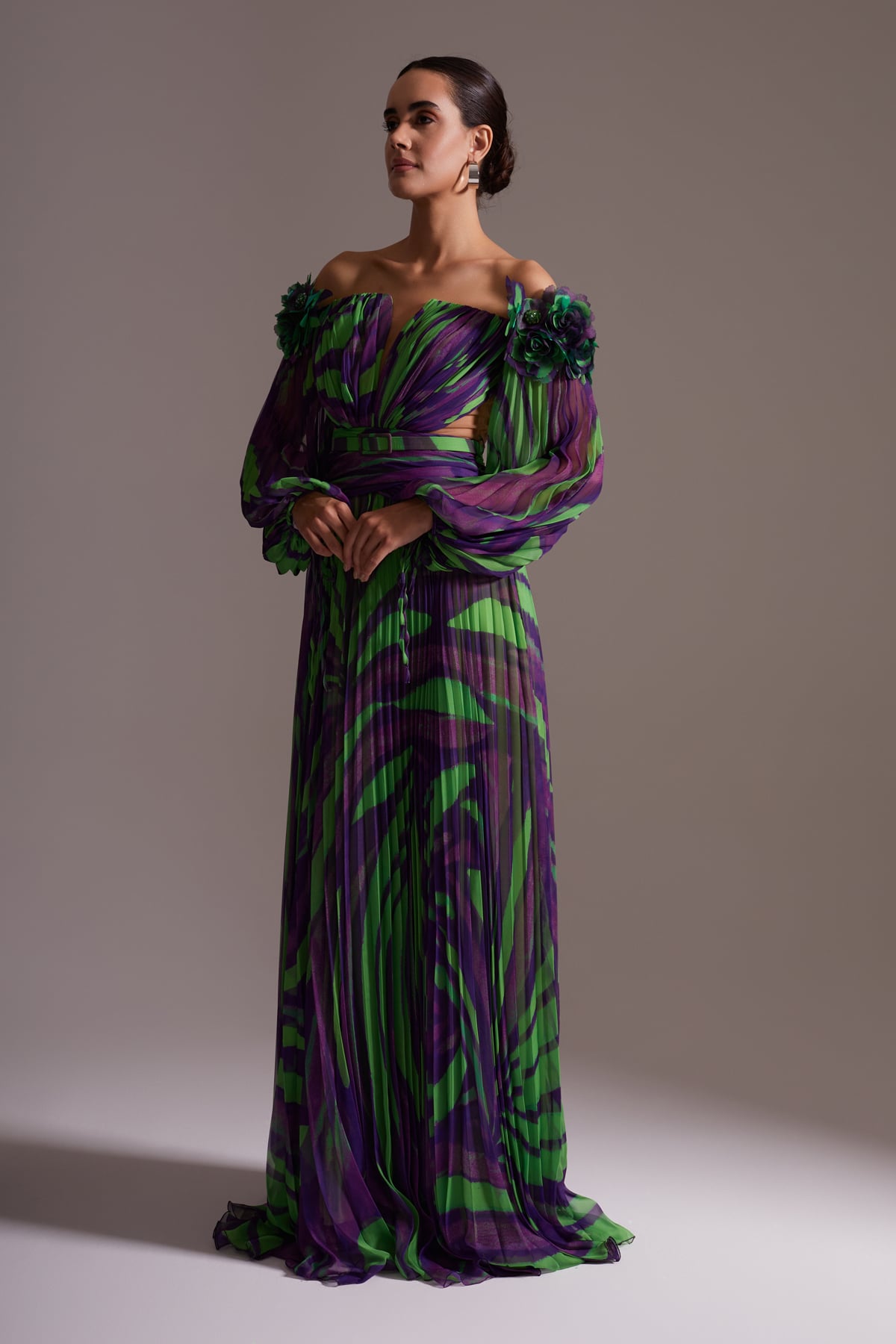 Patterned Shoulder Flower Detail and Pleated Balloon Sleeve Long Chiffon Evening Dress Purple Green