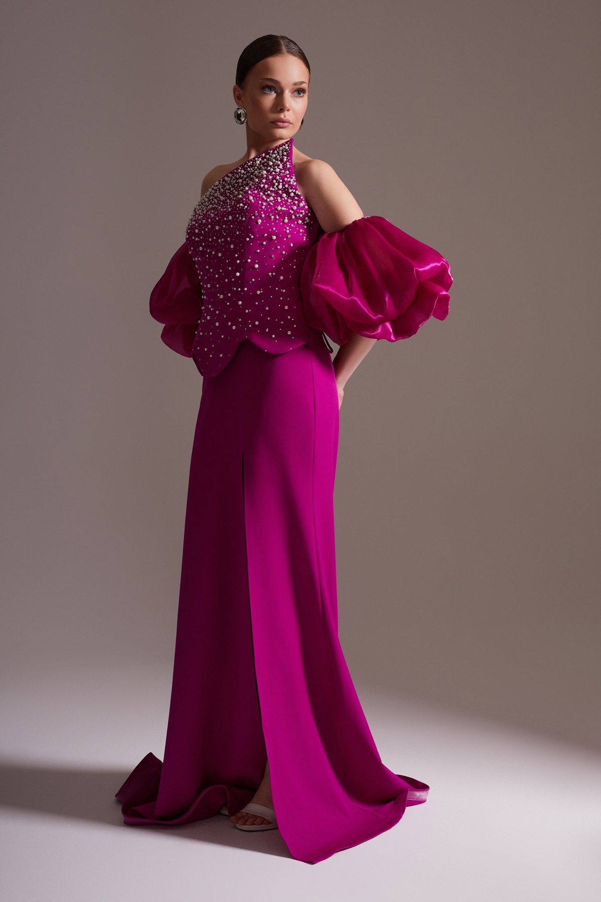 One Shoulder Pearl Balloon Sleeve Slit Long Evening Dress Fuchsia