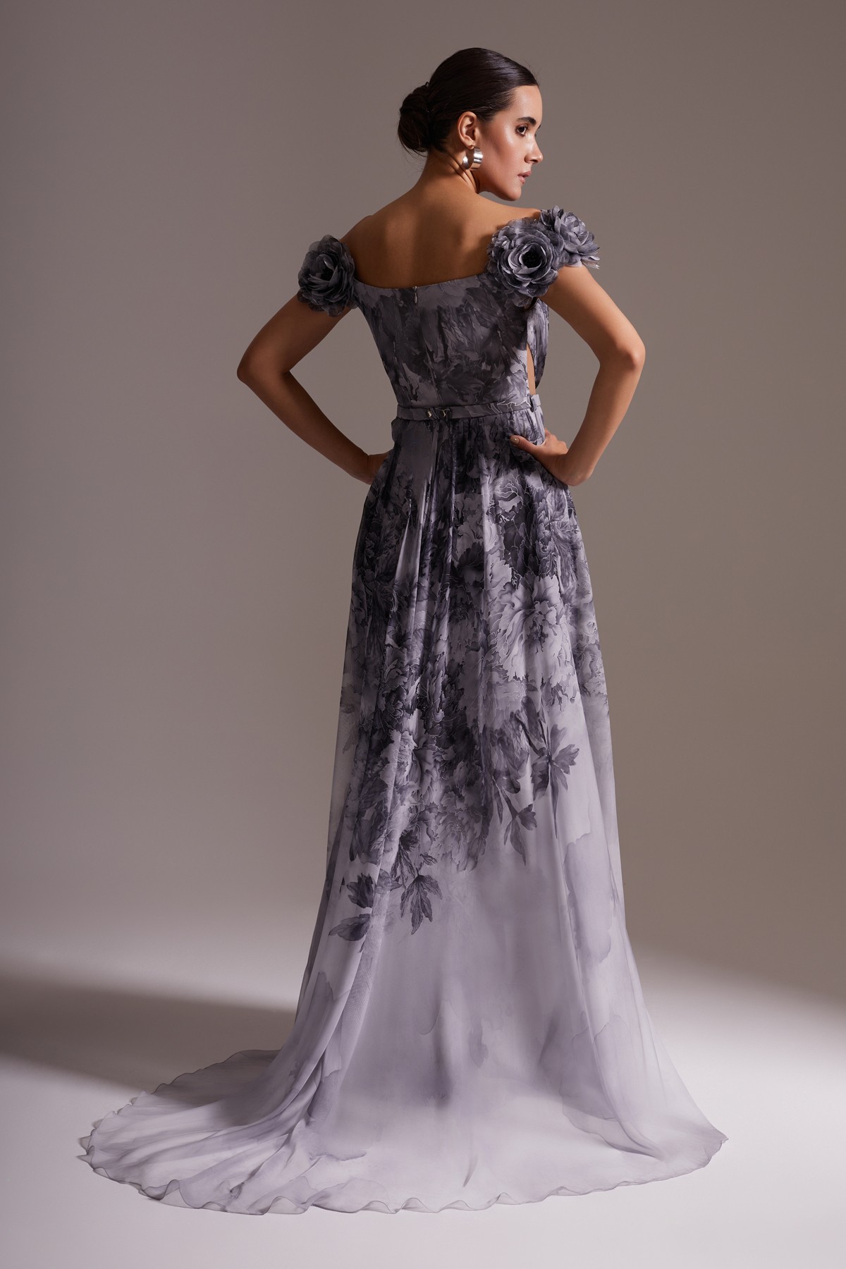 Off-the-Shoulder Flower Detailed Slit Chiffon Evening Dress Gray