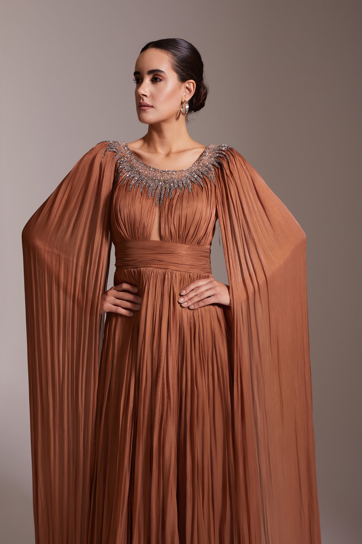 Stone Embroidered Cape Sleeve Slit Chiffon Evening Dress Copper Color