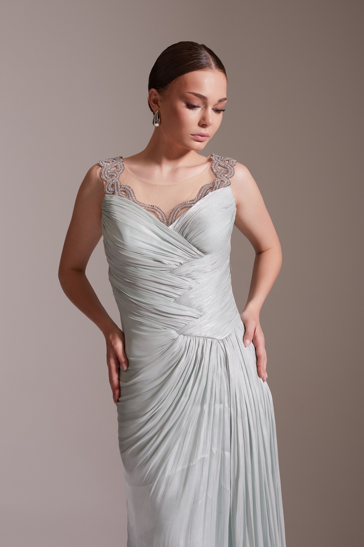 Sparkly Stone Embroidered Straped Slit Evening Dress in Aqua Green