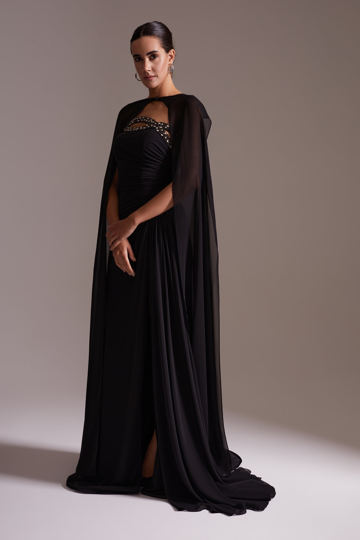 Stone Detailed Chiffon Cape Slit Long Evening Dress Black