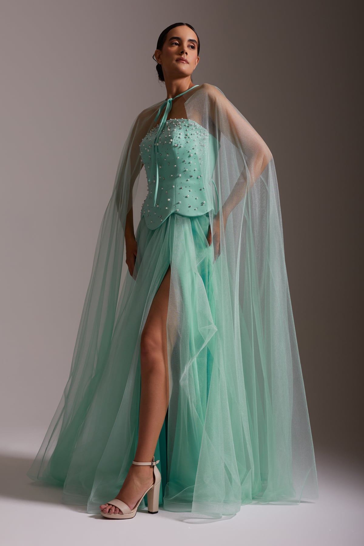 Stone Embroidered Tulle Skirt and Cape Detailed Slit Evening Dress, Sea Green