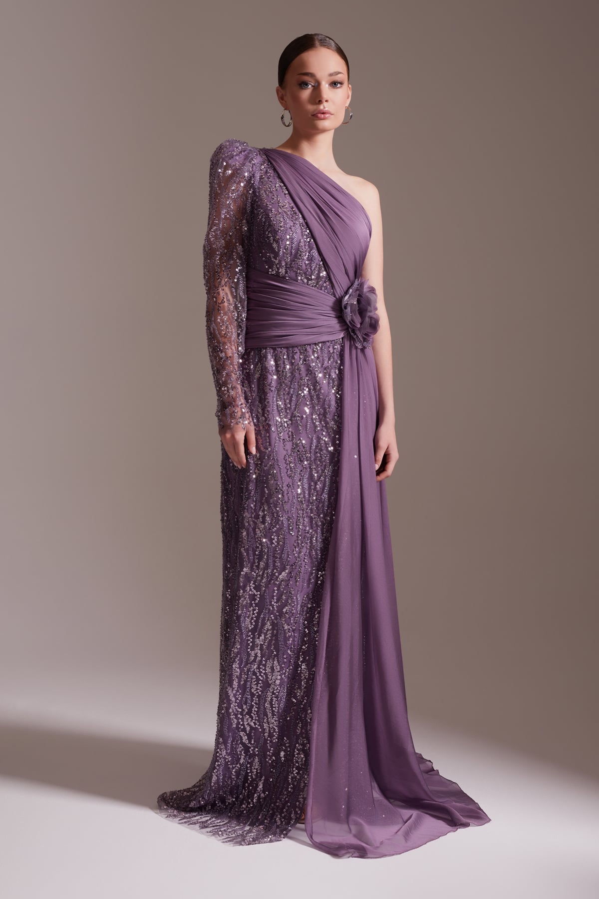 One Shoulder Sequined Chiffon Belted Flower Detailed Long Evening Dress Purple