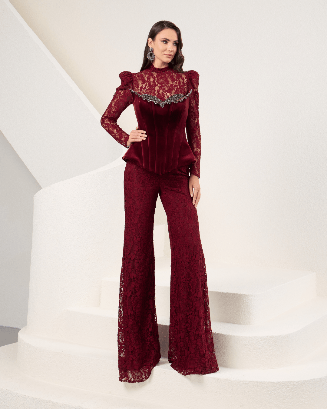 Burgundy Velvet Strapless Jumpsuit With Lace Details