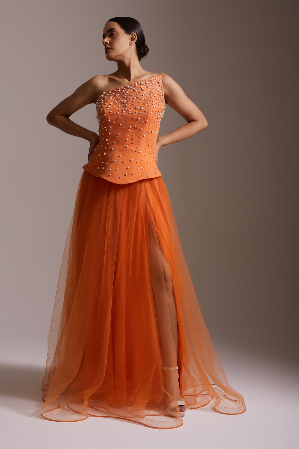 One Shoulder Pearl Stone Embroidered Tulle Skirt Slit Evening Dress Orange