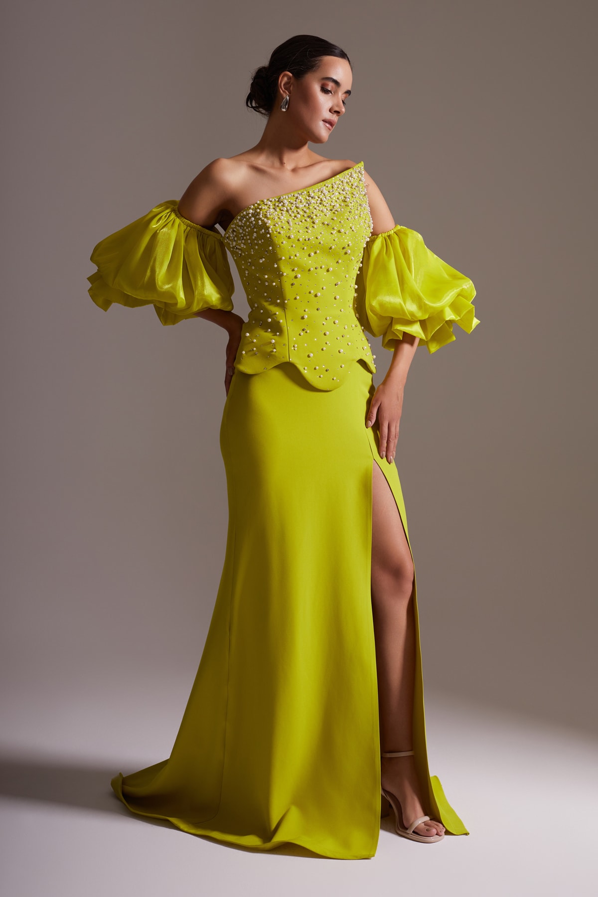 One Shoulder Pearl and Stone Embroidered Flounce Sleeve Slit Long Evening Dress Yellow Green