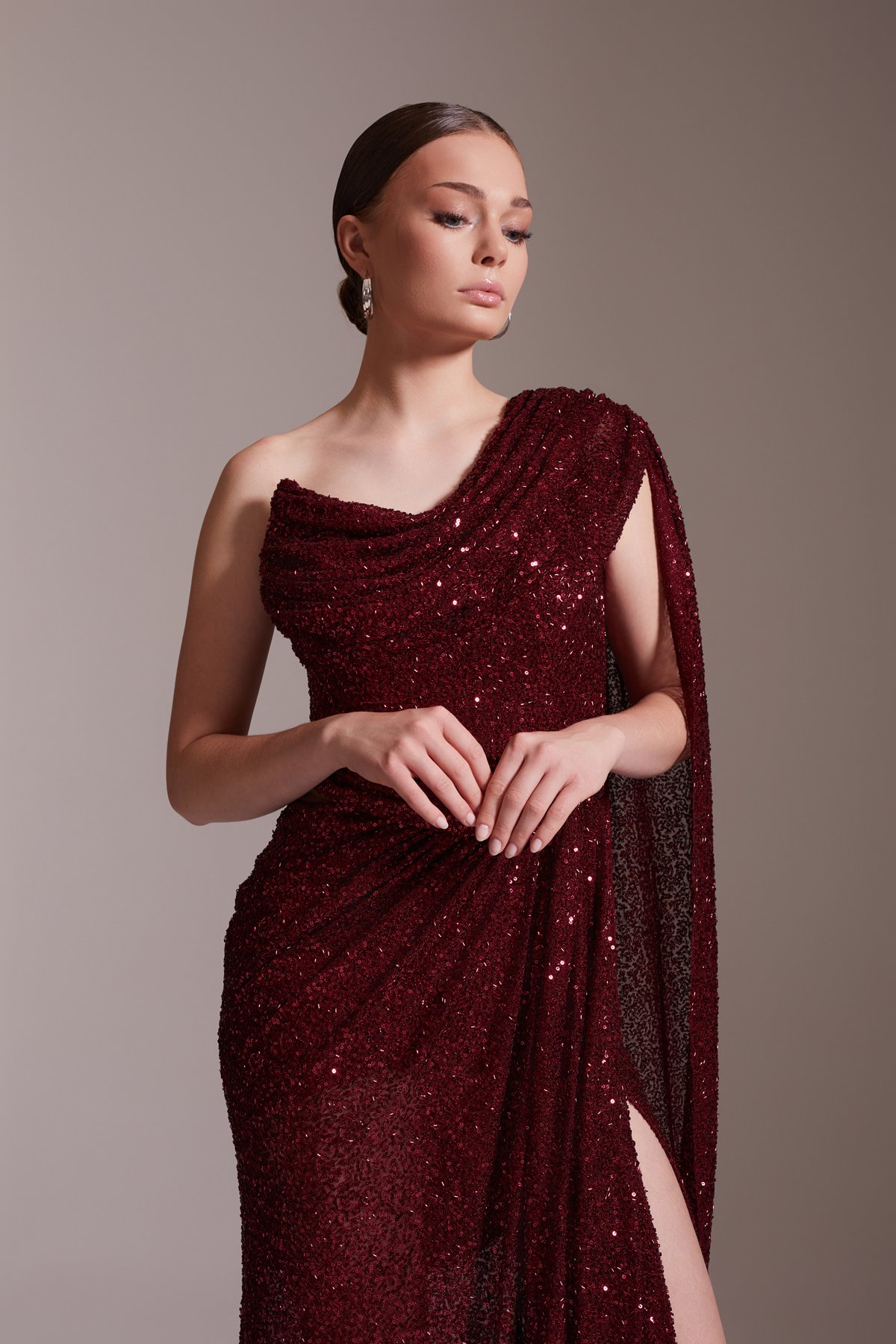 One Shoulder Slit Sequin Evening Dress Burgundy