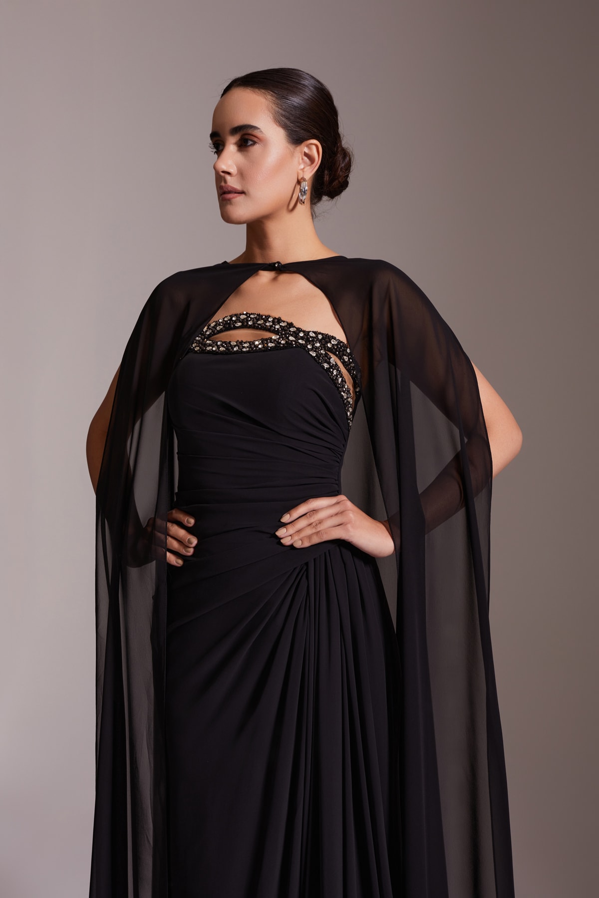 Stone Detailed Chiffon Cape Slit Long Evening Dress Black