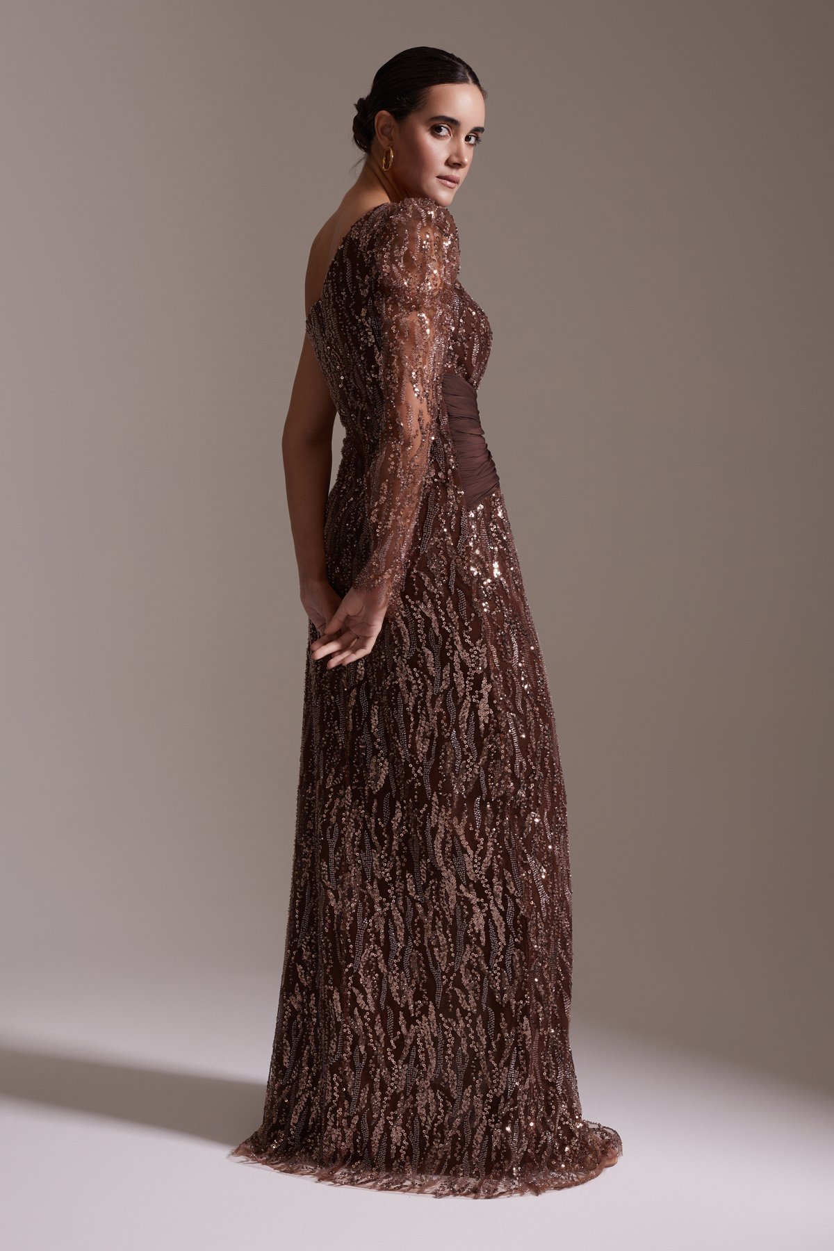 One Shoulder Long Sleeve Slit Sequined Chiffon Evening Dress Brown