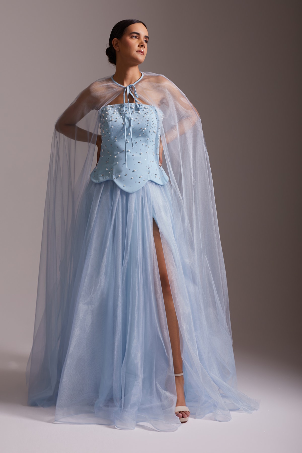 Stone Embroidered Sheer Cape and Slit Tulle Evening Dress Blue