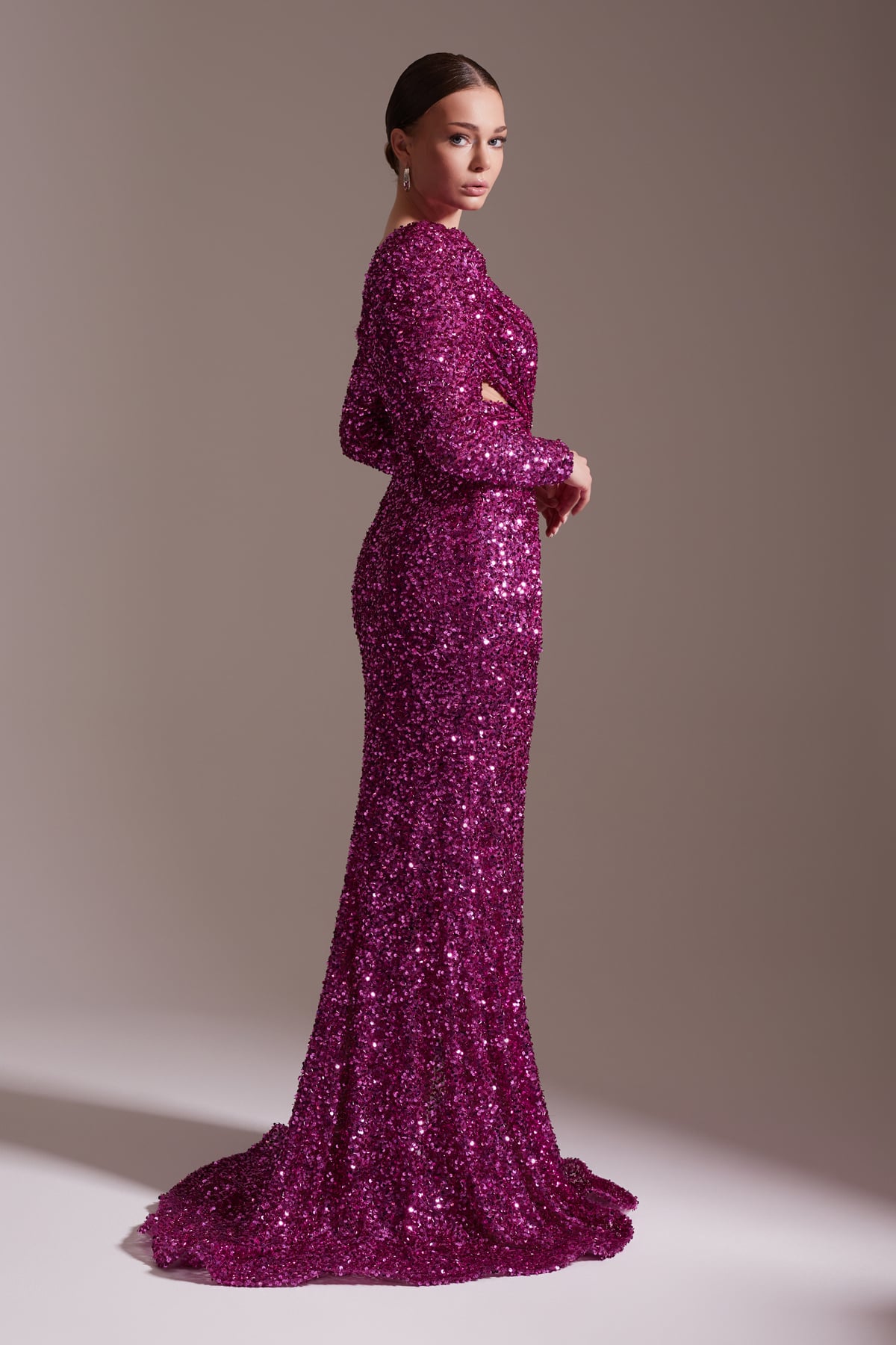 Sequined One Shoulder Long Evening Dress with Slit Detail Fuchsia Evening Dress