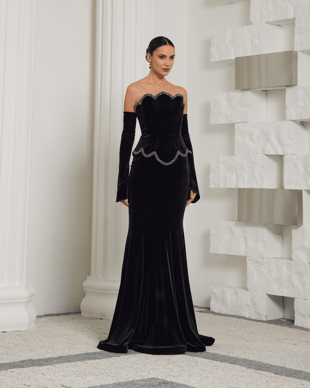 Black Velvet Strapless Evening Dress