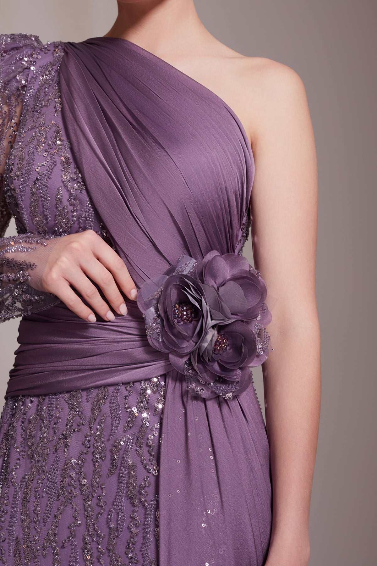 One Shoulder Sequined Chiffon Belted Flower Detailed Long Evening Dress Purple