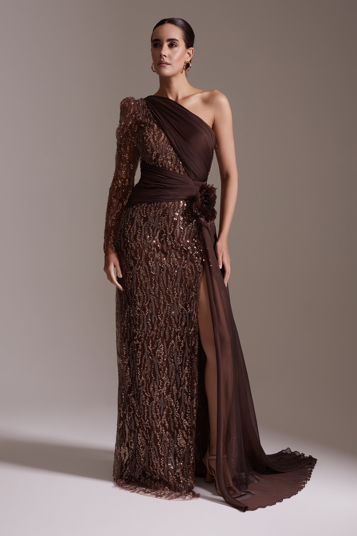 One Shoulder Long Sleeve Slit Sequined Chiffon Evening Dress Brown