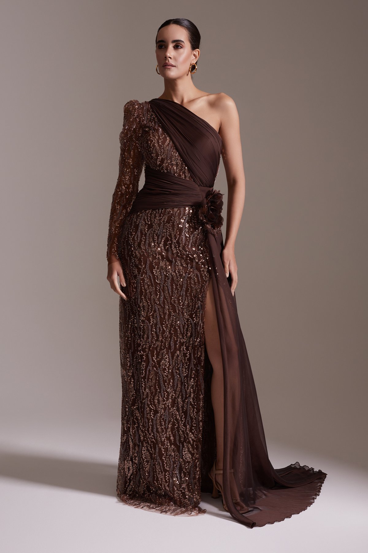 One Shoulder Long Sleeve Slit Sequined Chiffon Evening Dress Brown