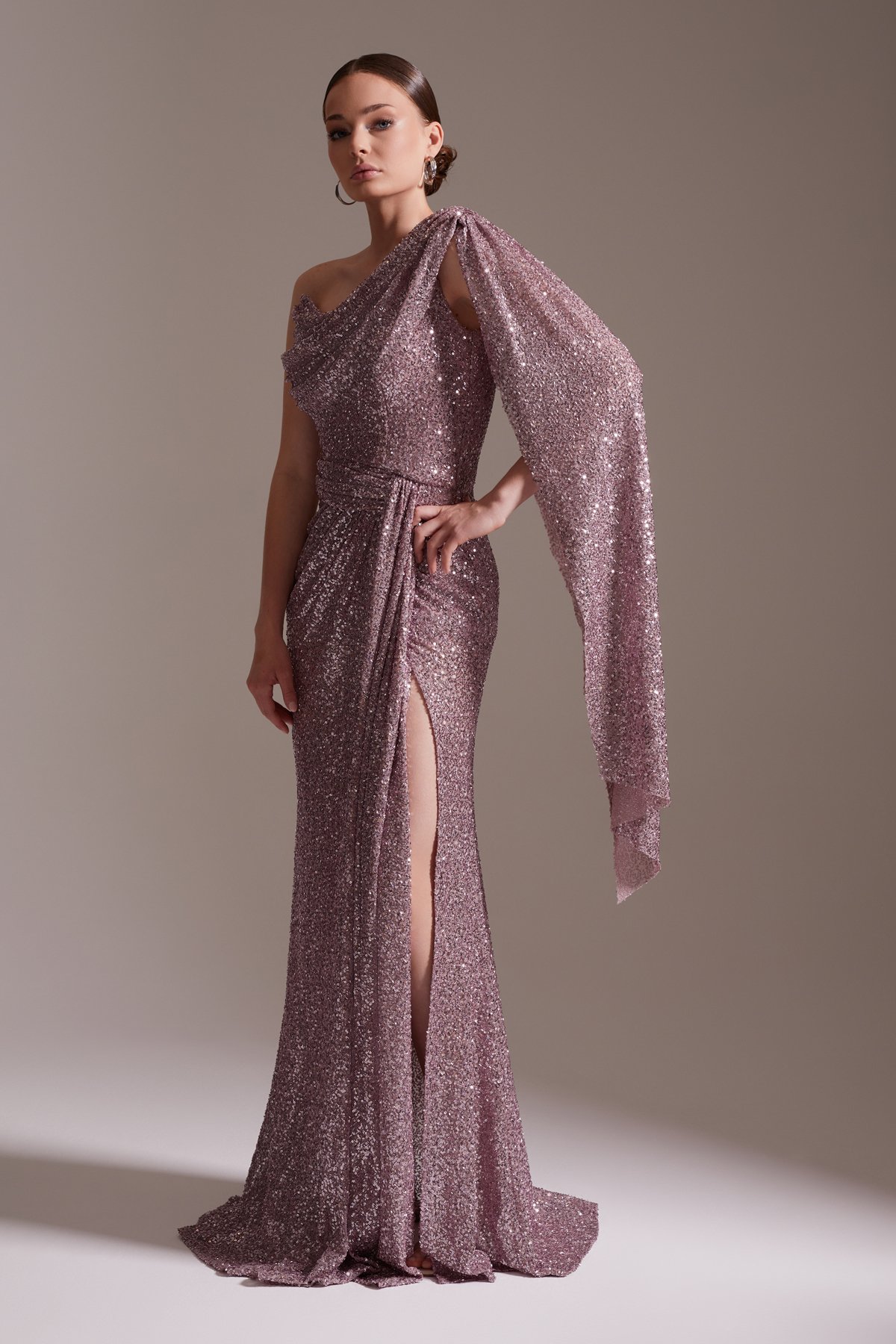 One Shoulder Slit Sequined Evening Dress Powder Pink