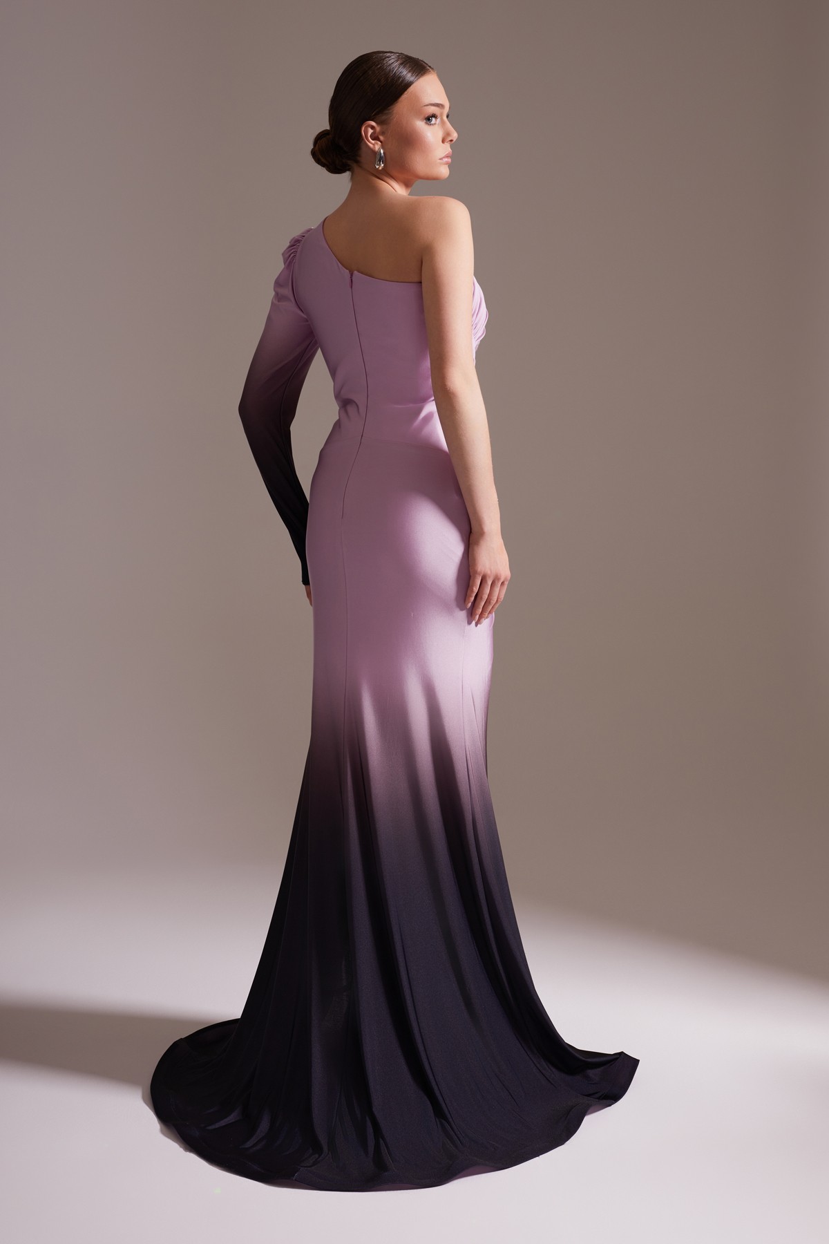 One Shoulder Long Slit Ombre Draped Evening Dress Lilac - Black