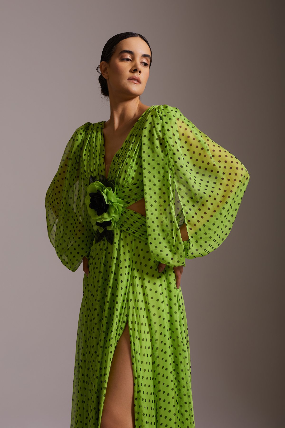 Polka Dot Chiffon Deep Slit V Neck Flower Detailed Long Evening Dress Green