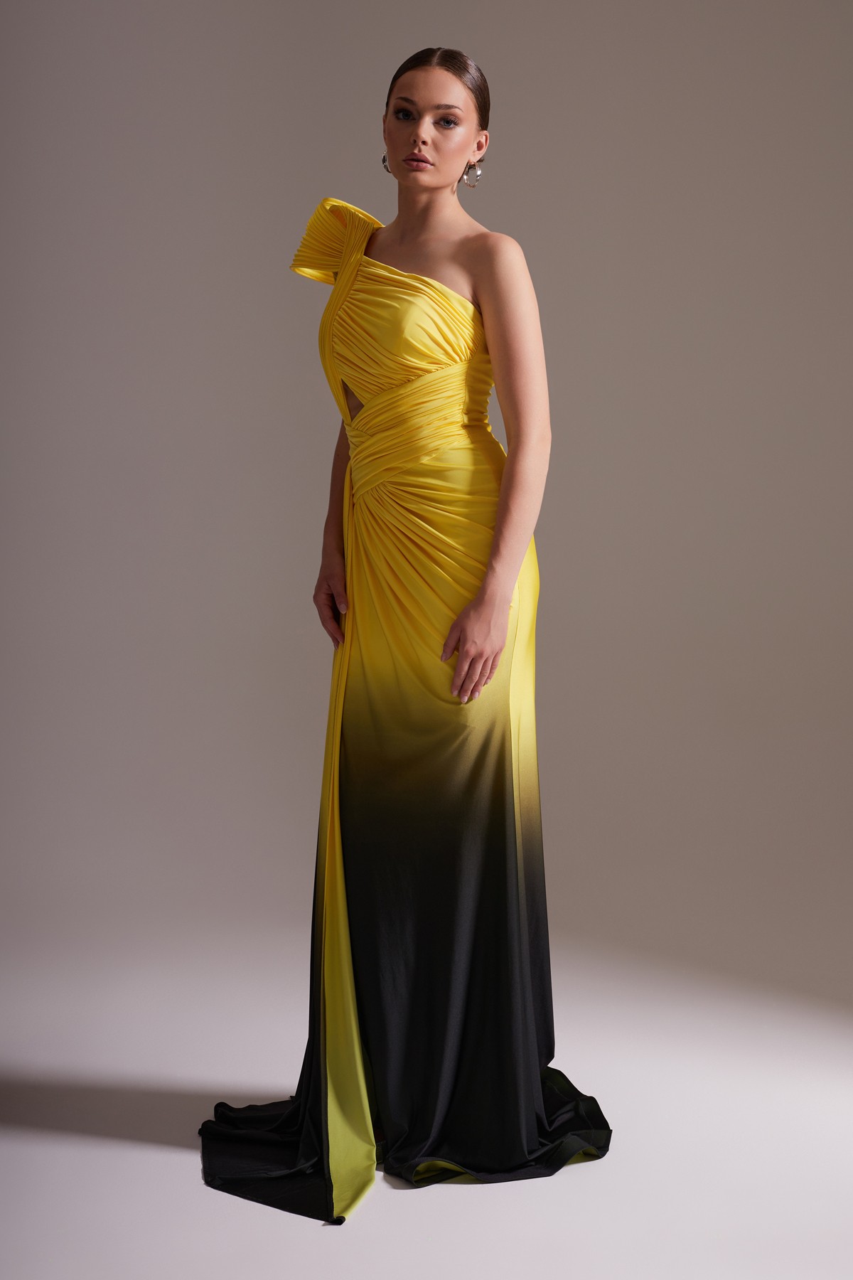 Shoulder Detailed Single Sleeve Draped Long Evening Dress Yellow Black