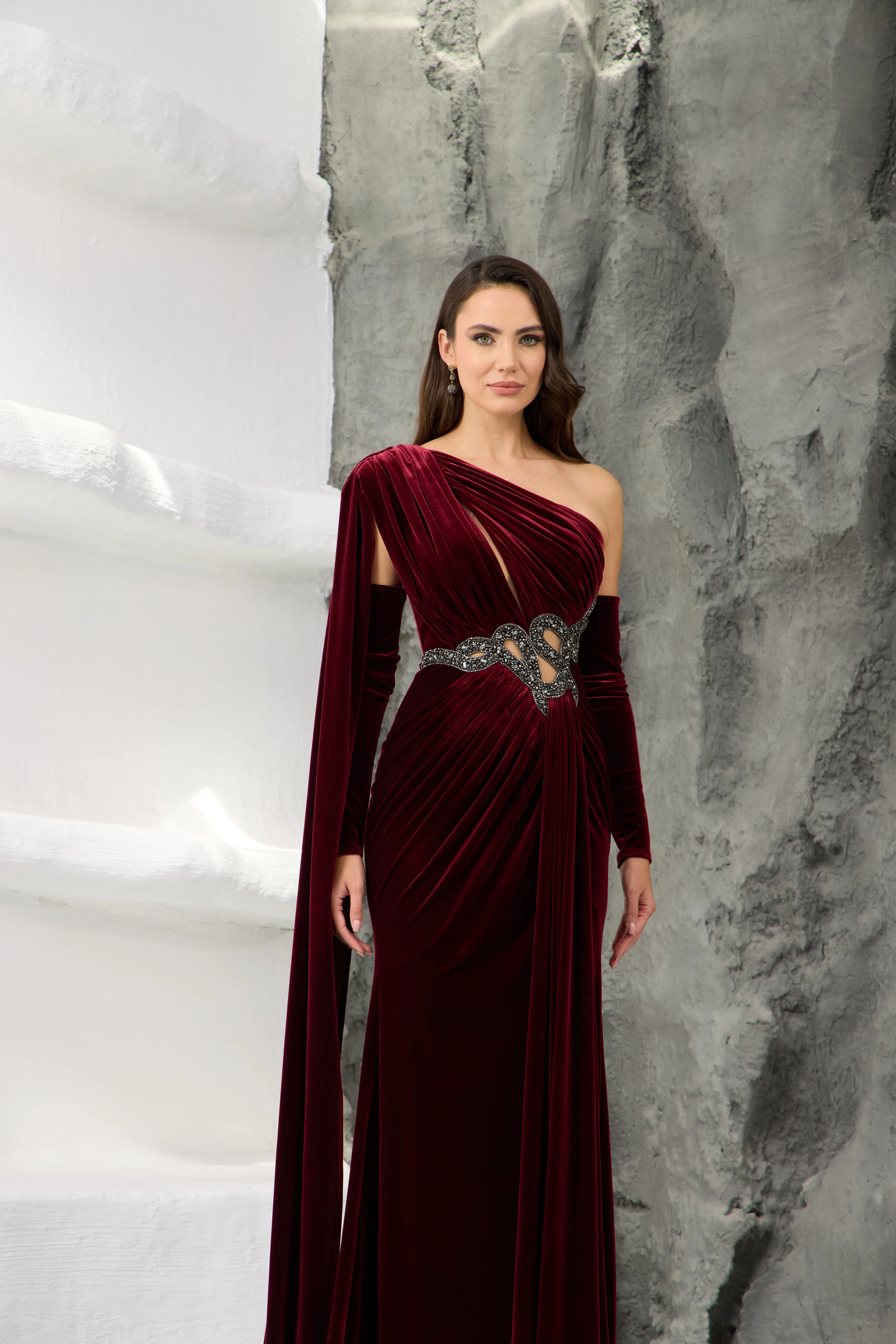 Burgundy One Shoulder Velvet Evening Dress with Stone Details