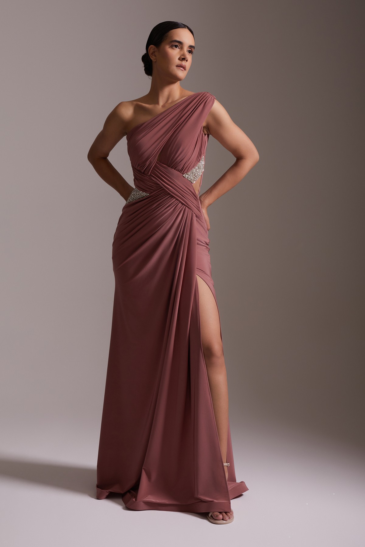 One-Shoulder Pleated Satin Evening Dress with Slit and Stone Detail in Wine Color