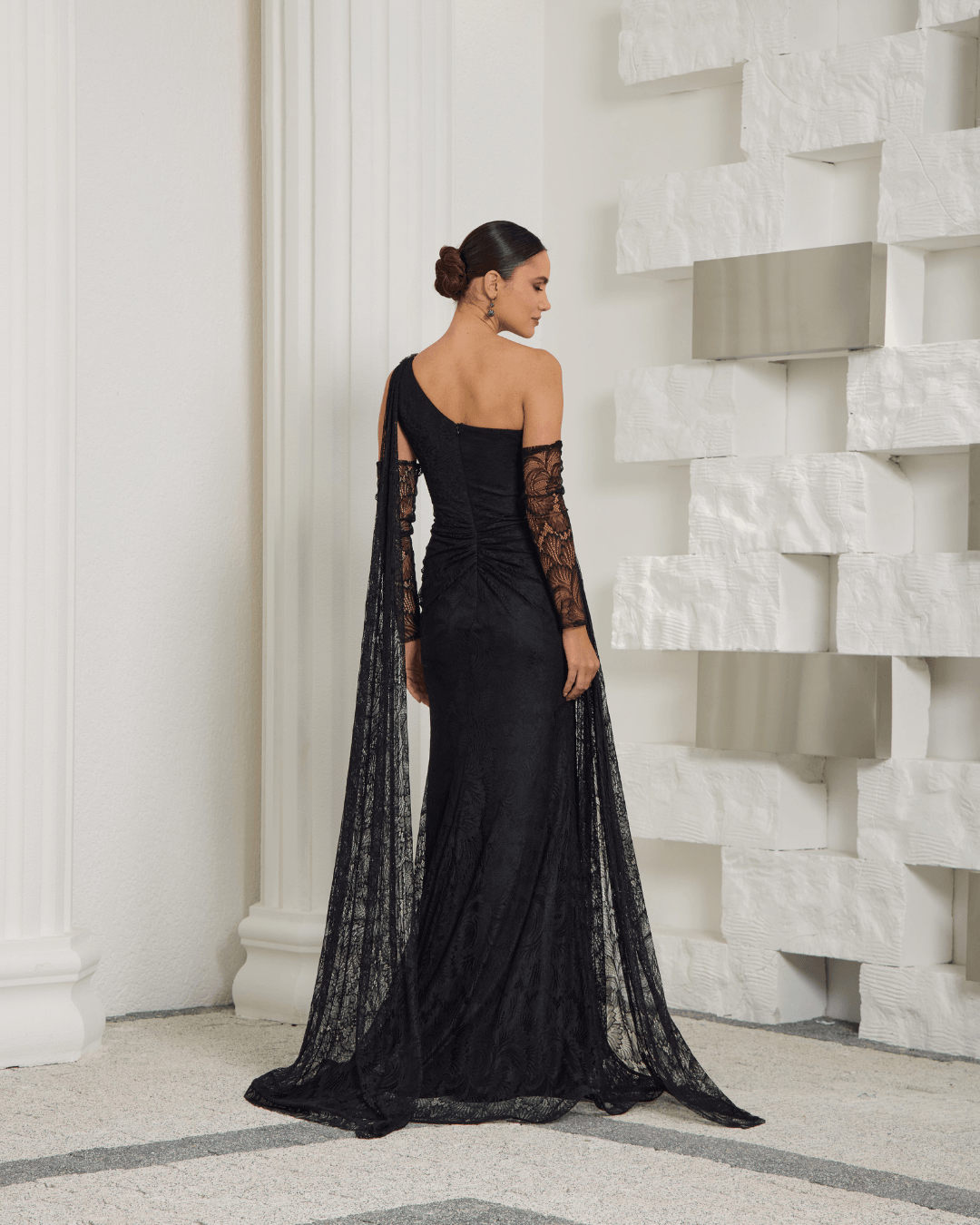 Black One Shoulder Lace Evening Dress