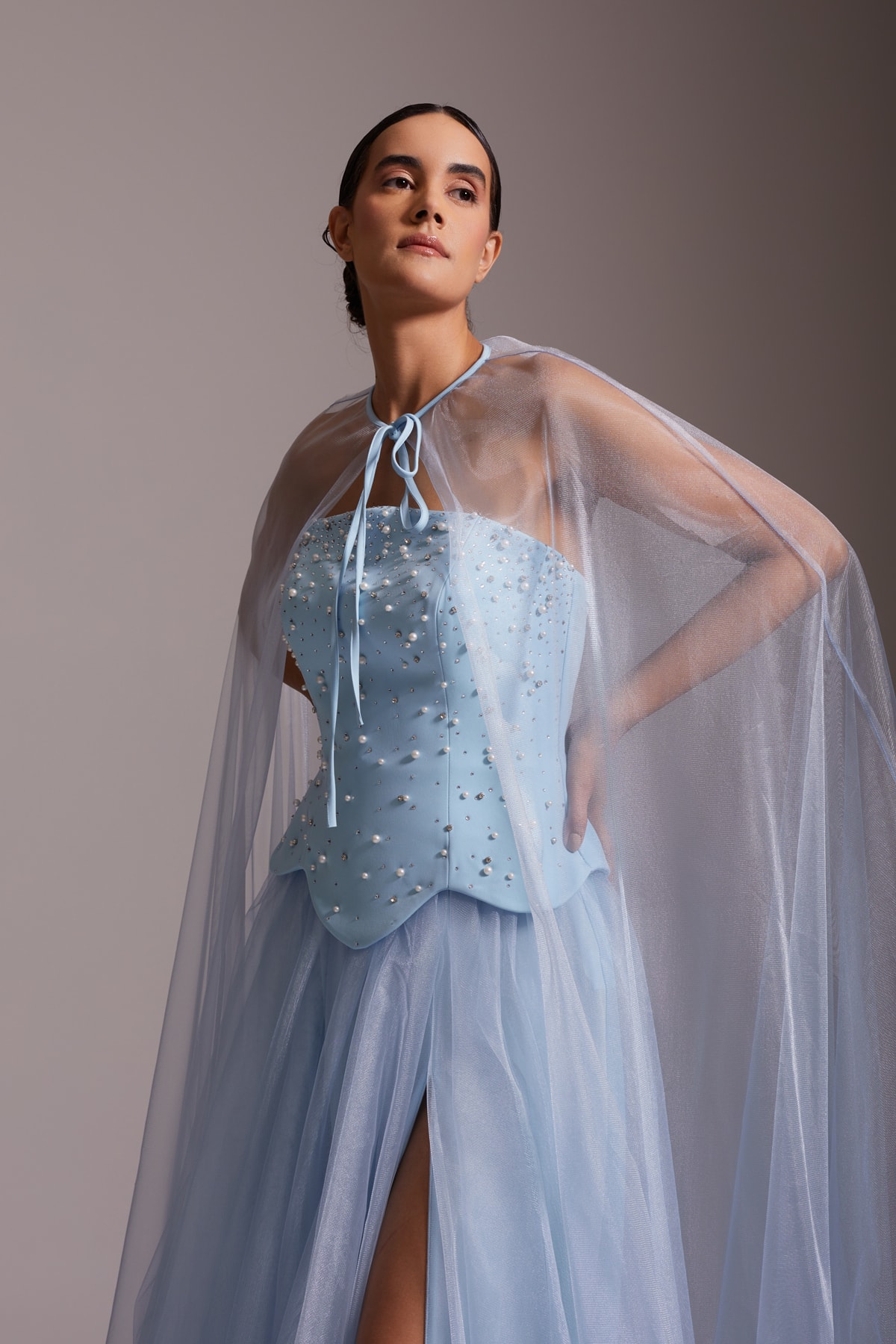 Stone Embroidered Sheer Cape and Slit Tulle Evening Dress Blue