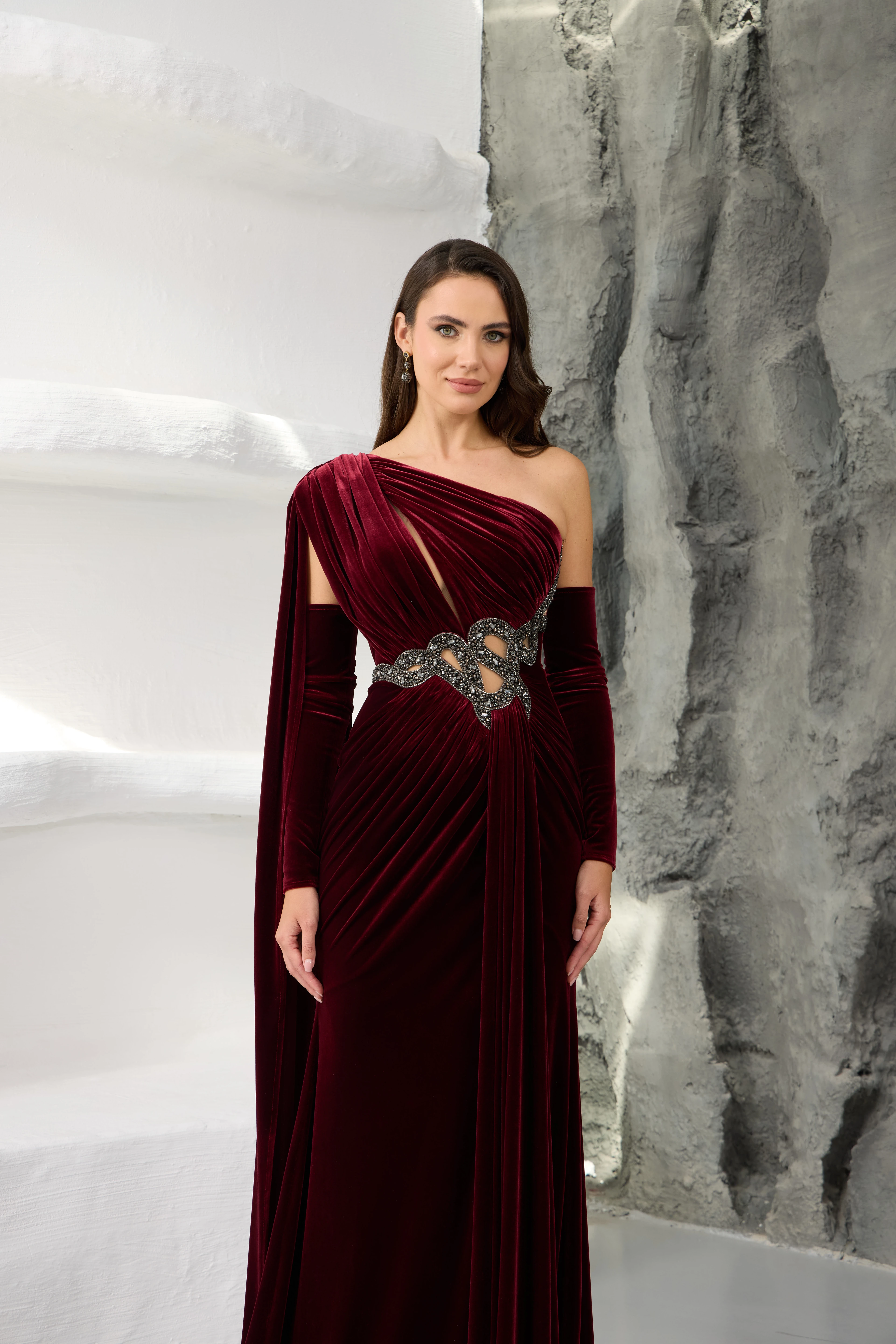 Burgundy One Shoulder Velvet Evening Dress with Stone Details
