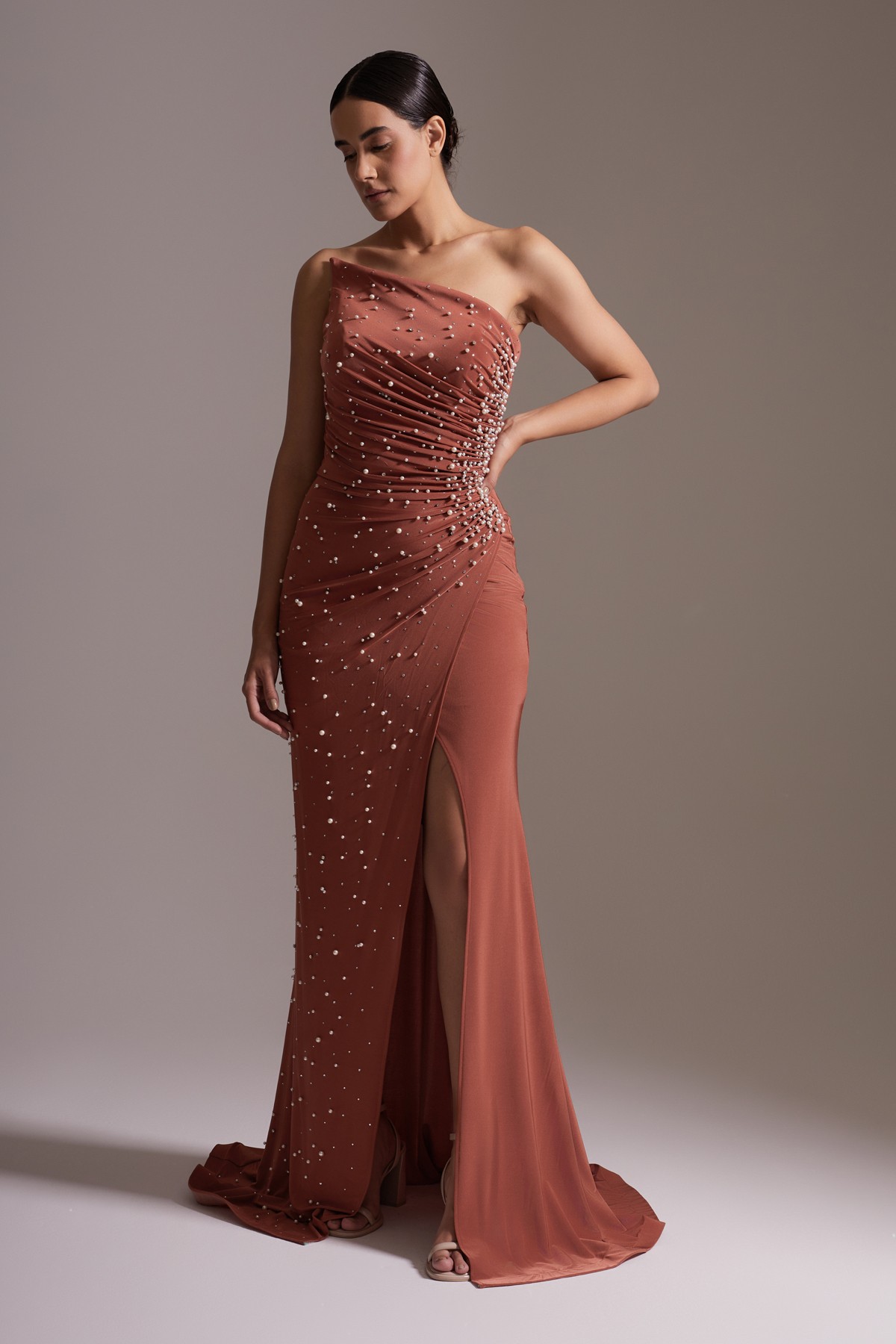 One Shoulder Pearl Detailed Slit Satin Evening Dress in Earth Color