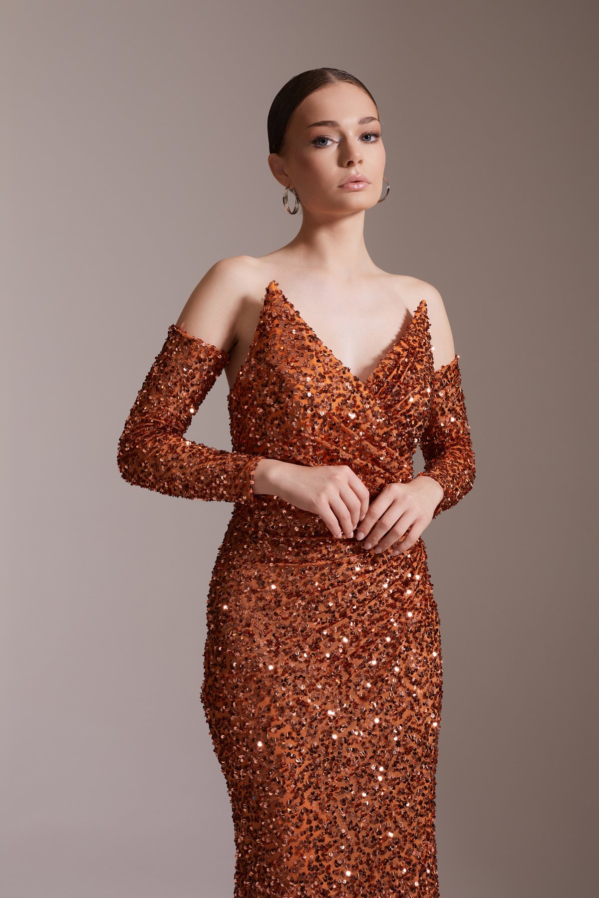 Off-the-Shoulder, Slit and Long Sleeve Evening Dress in Copper Color