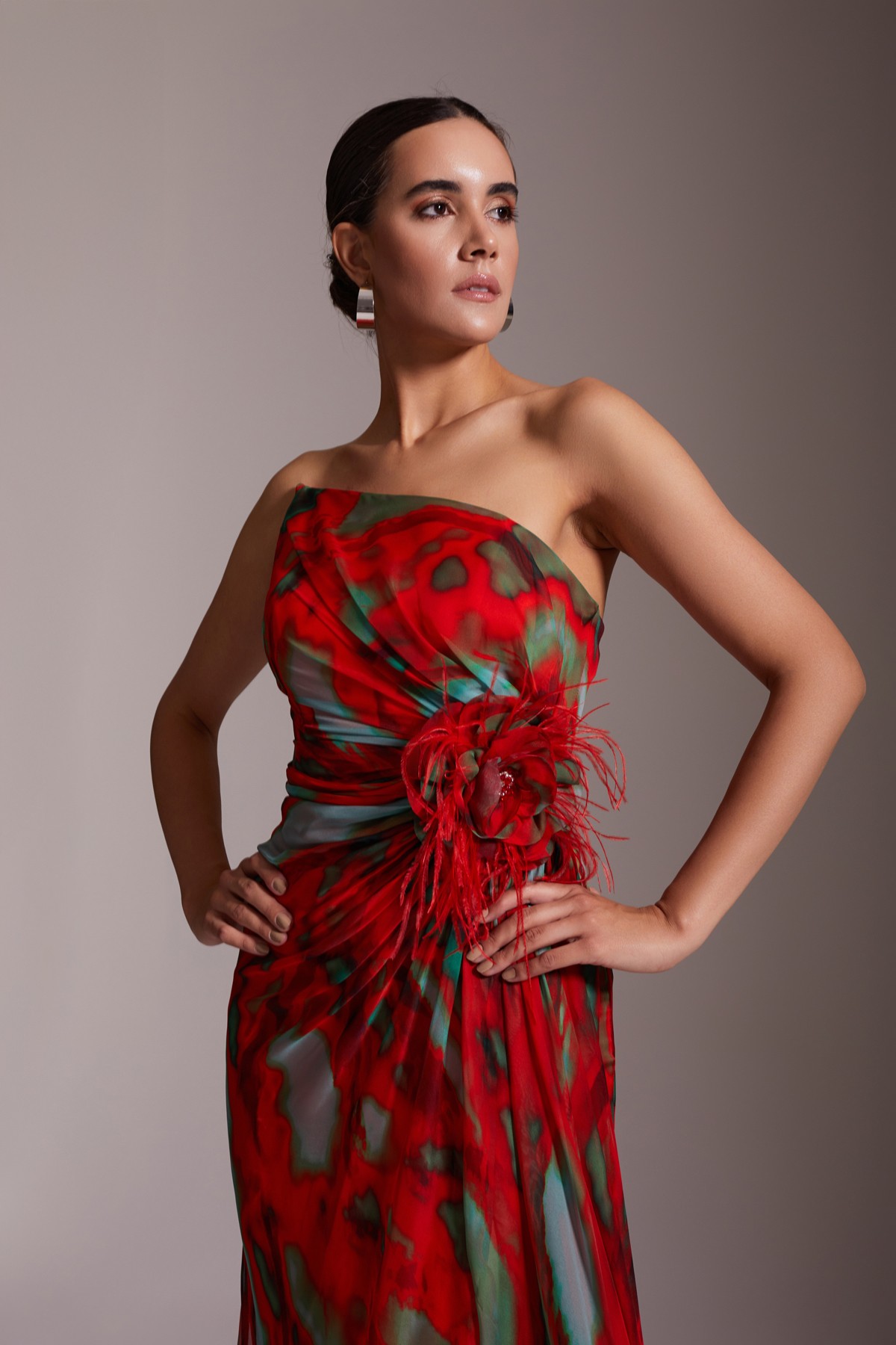 One Shoulder Slit Patterned Chiffon Evening Dress Red
